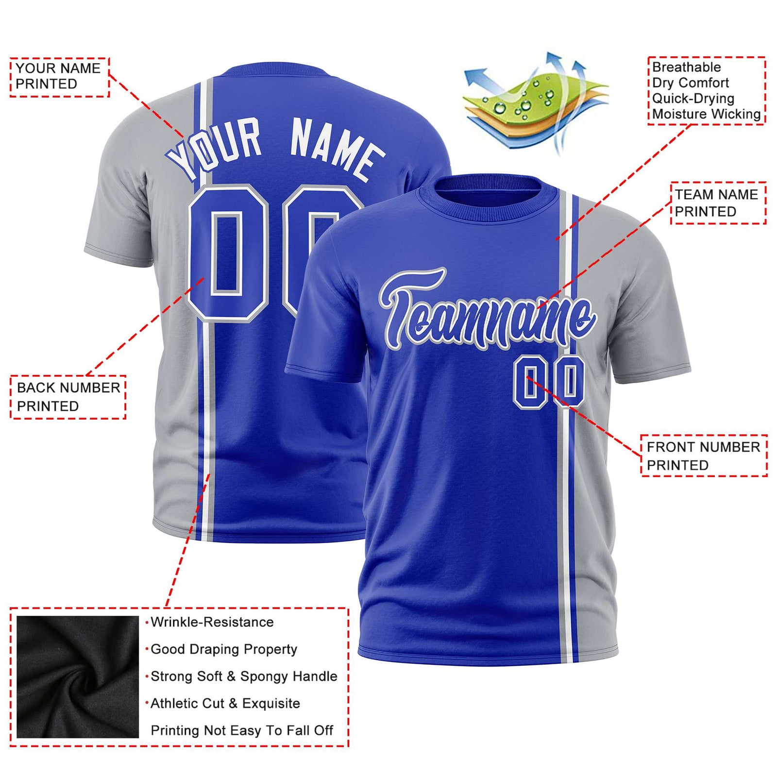 Custom Royal Blue Gray-White Crew neck Color Contrast Design T-Shirts