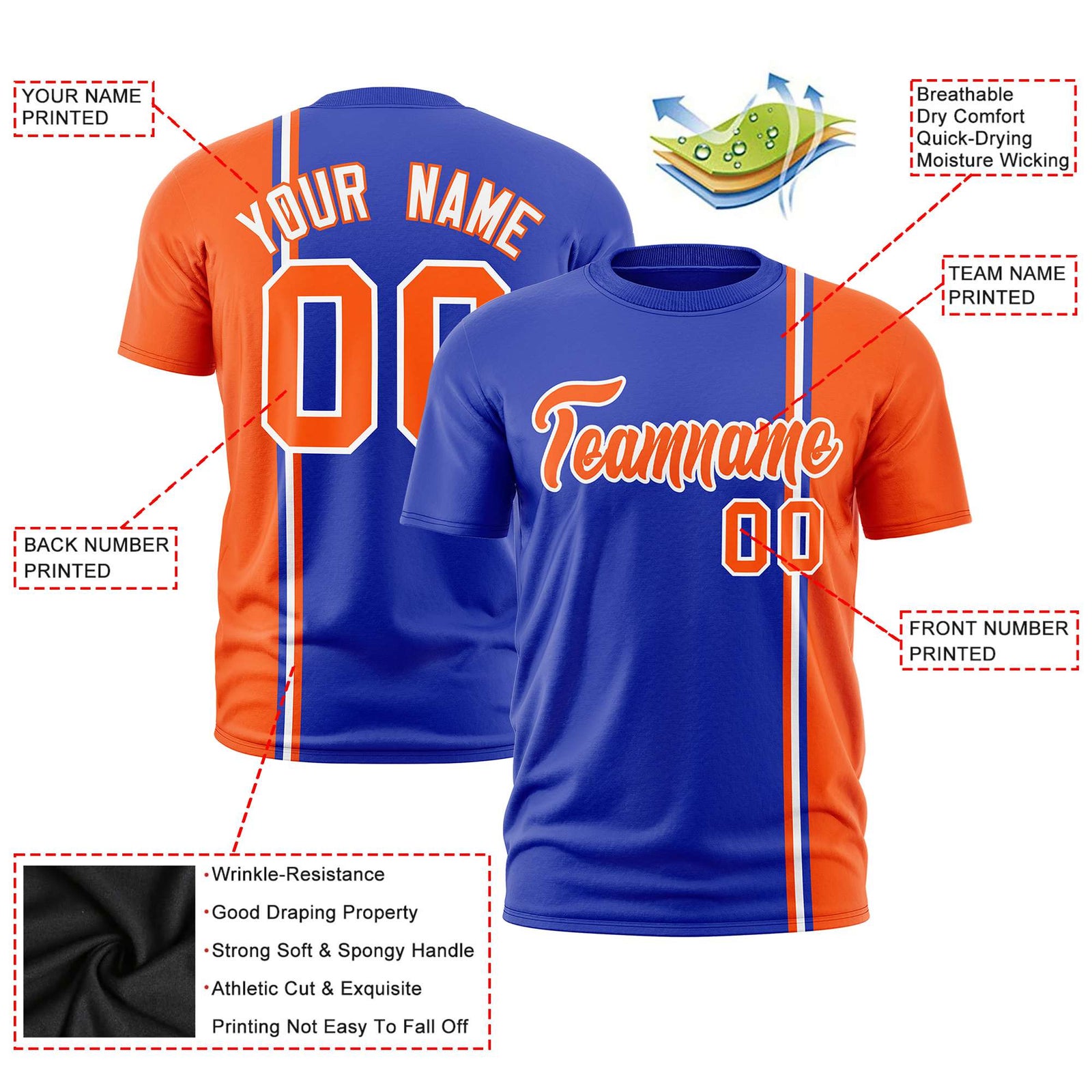 Custom Royal Blue Orange-White Crew neck Color Contrast Design T-Shirts