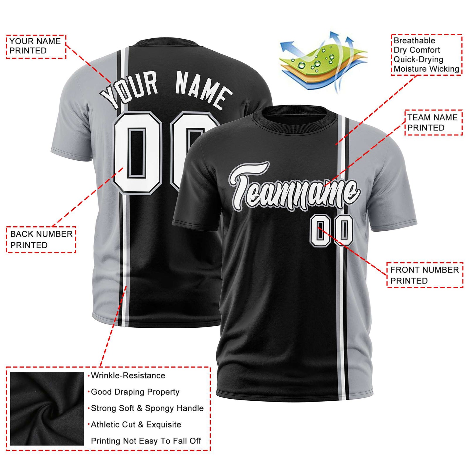 Custom Black Gray-White Crew neck Color Contrast Design T-Shirts