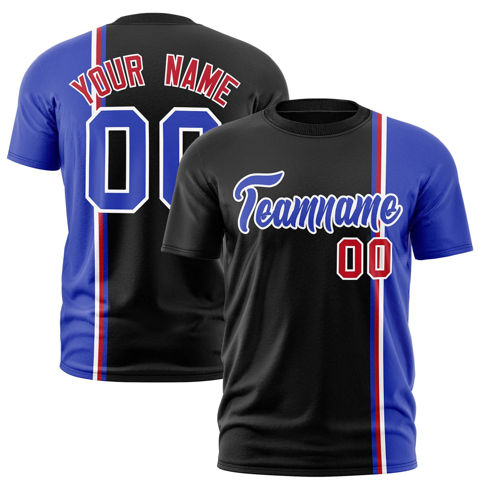 Custom Black Royal Blue-White Crew neck Color Contrast Design T-Shirts