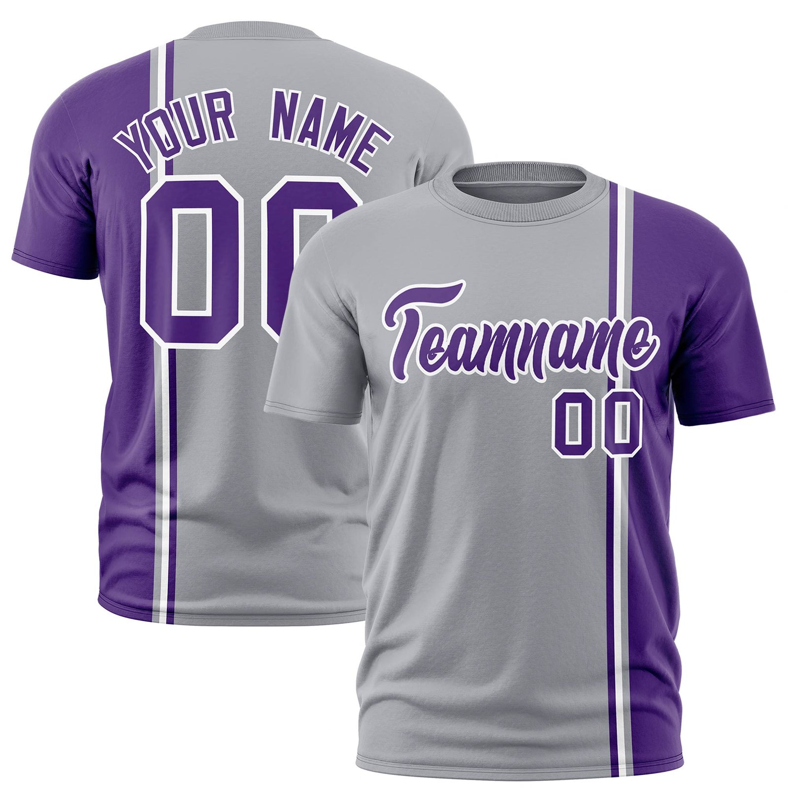 Custom Gray Purple-White Crew neck Color Contrast Design T-Shirts