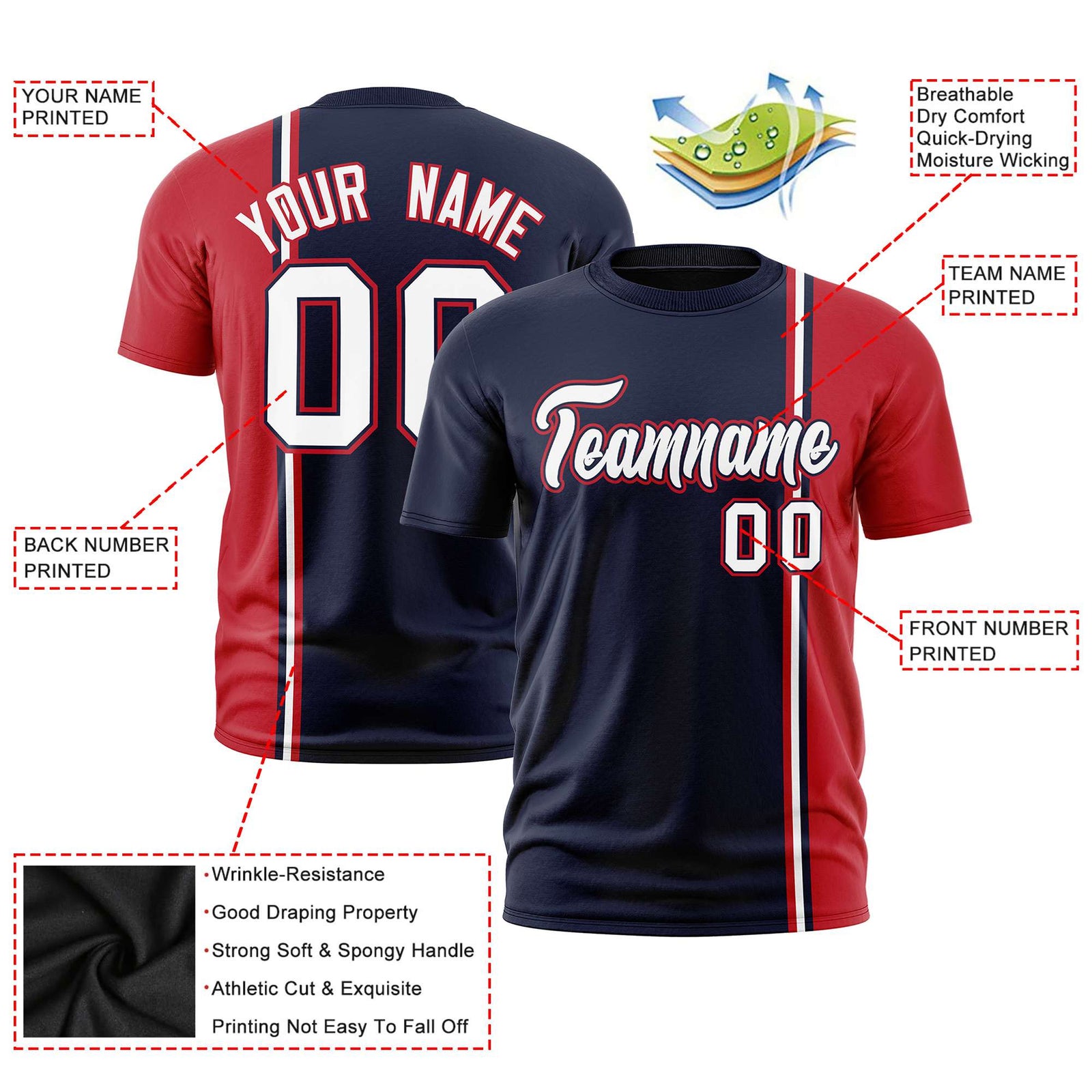 Custom Navy Red-White Crew neck Color Contrast Design T-Shirts