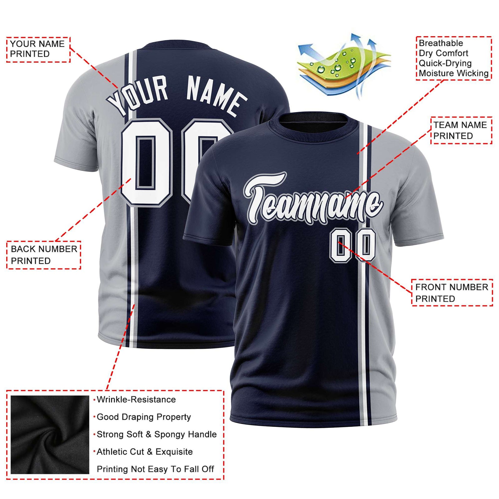 Custom Navy Gray-White Crew neck Color Contrast Design T-Shirts