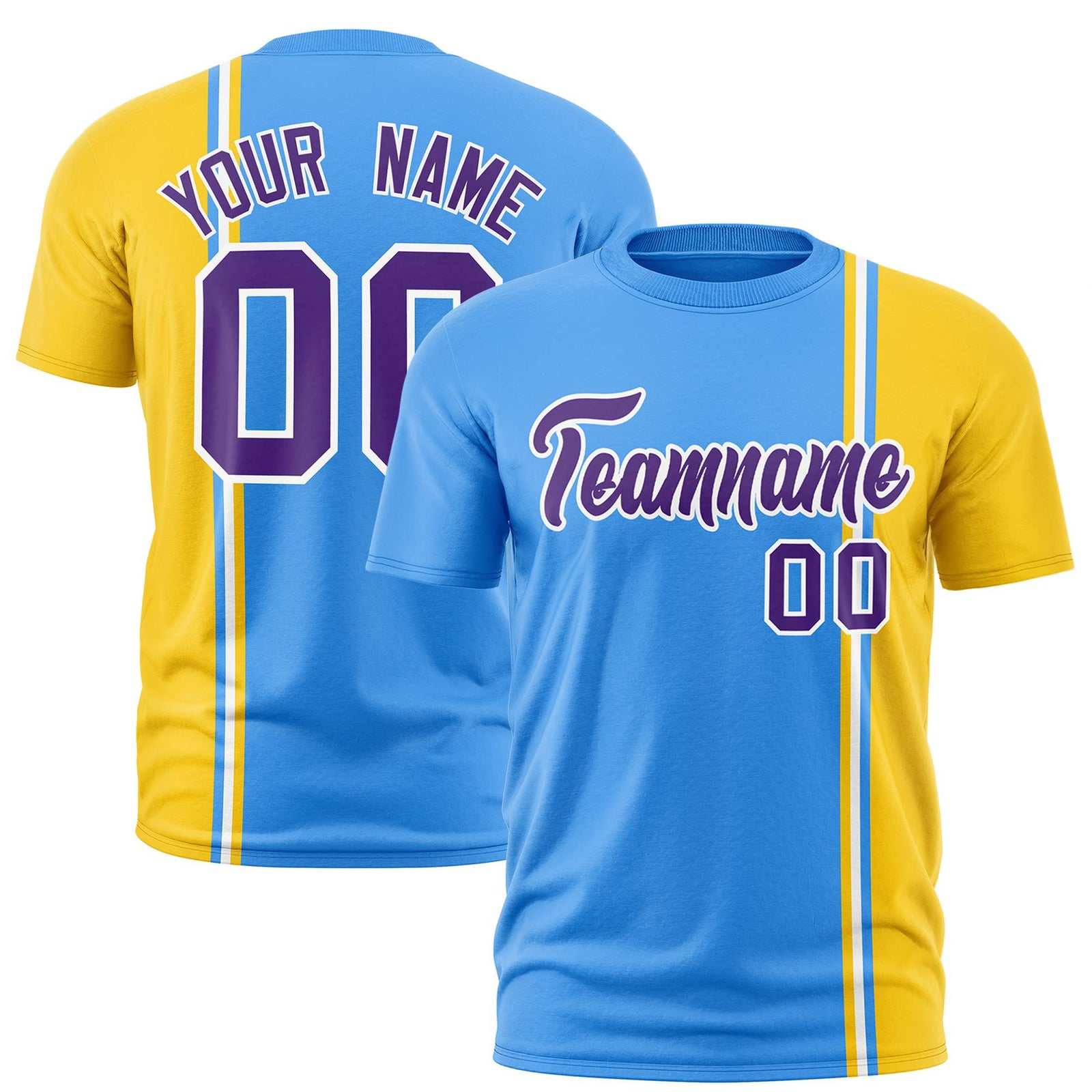 Custom Powder Blue Gold-01 White Crew neck Color Contrast Design T-Shirts