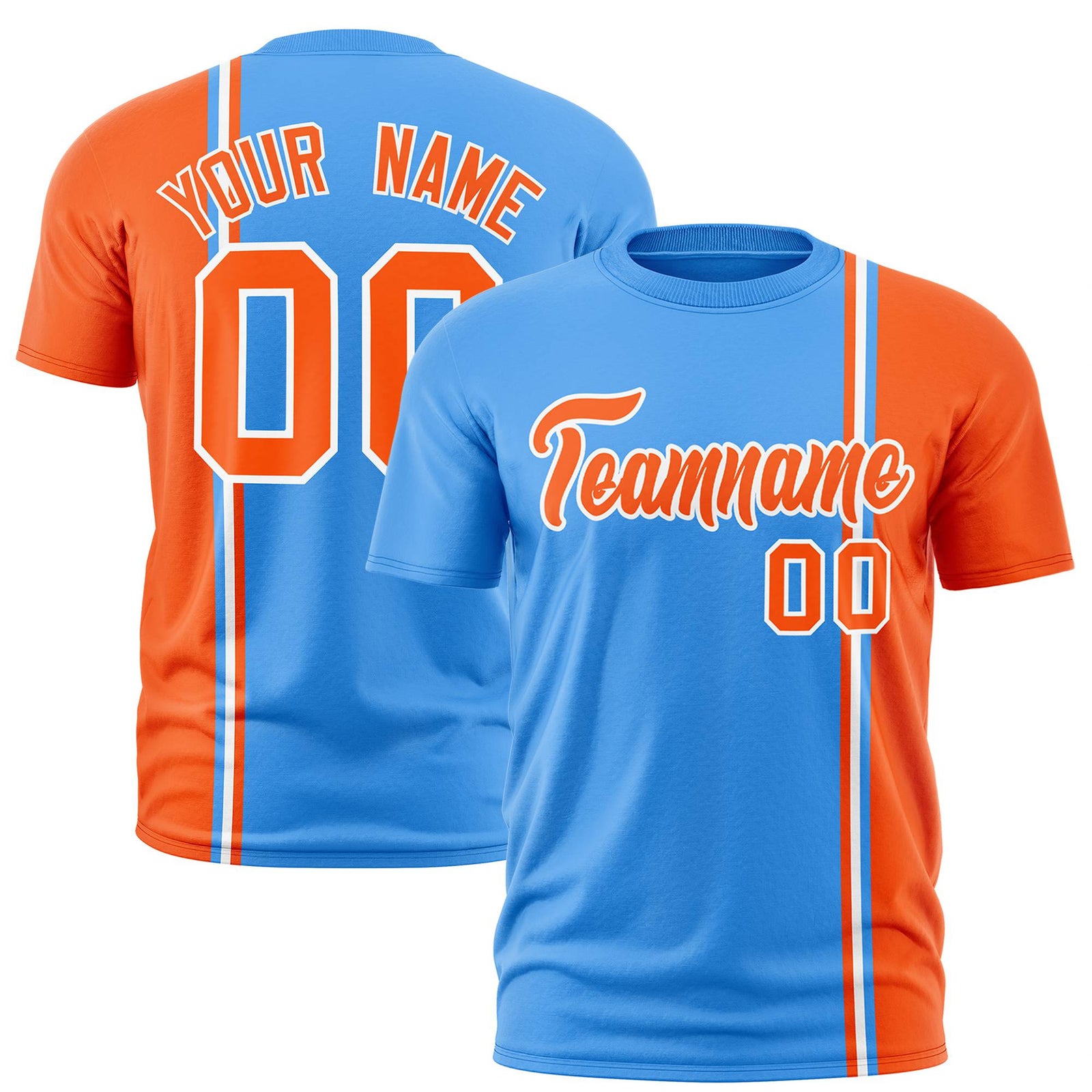 Custom Powder Blue Orange-White Crew neck Color Contrast Design T-Shirts
