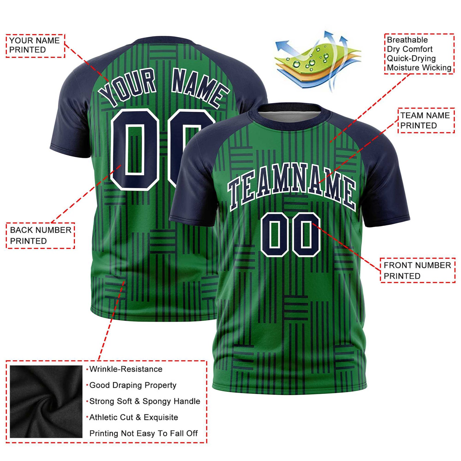 Custom Kelly Green-Navy Personalized Line Pattern Performance T-Shirt