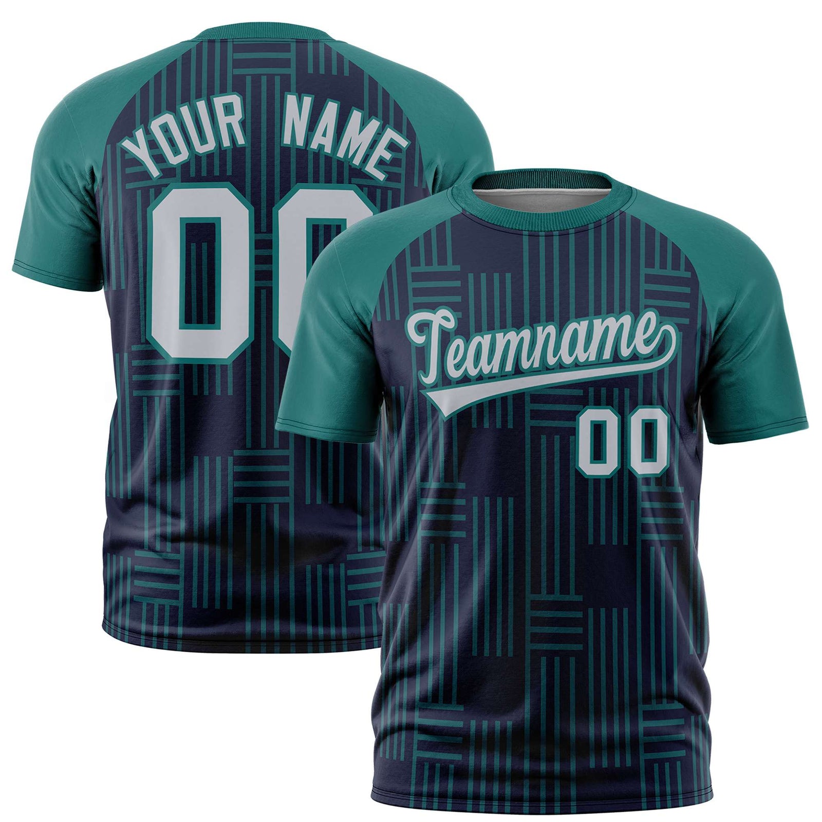 Custom Navy Aqua Personalized Line Pattern Performance T-Shirt