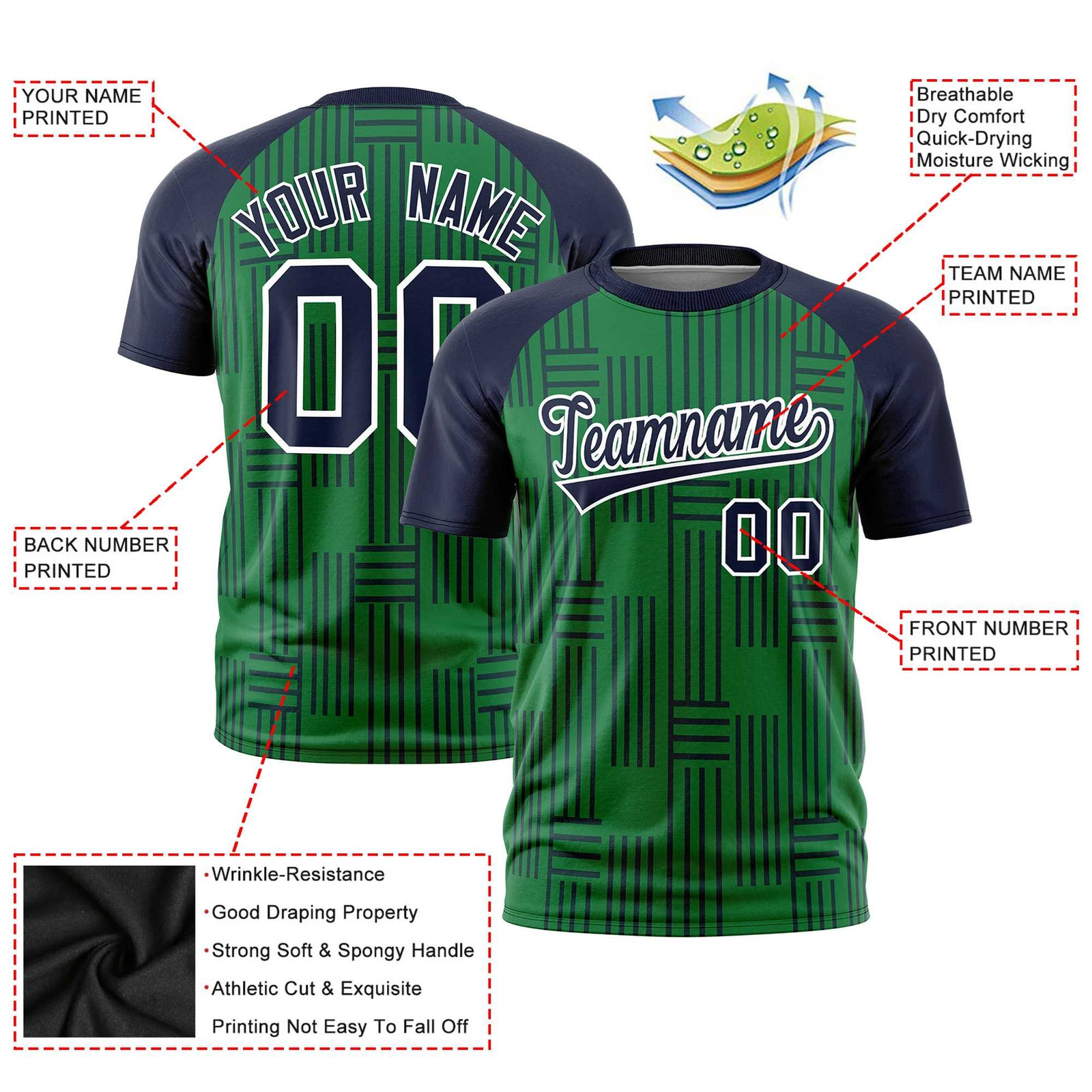 Custom Kelly Green-Navy Personalized Line Pattern Performance T-Shirt
