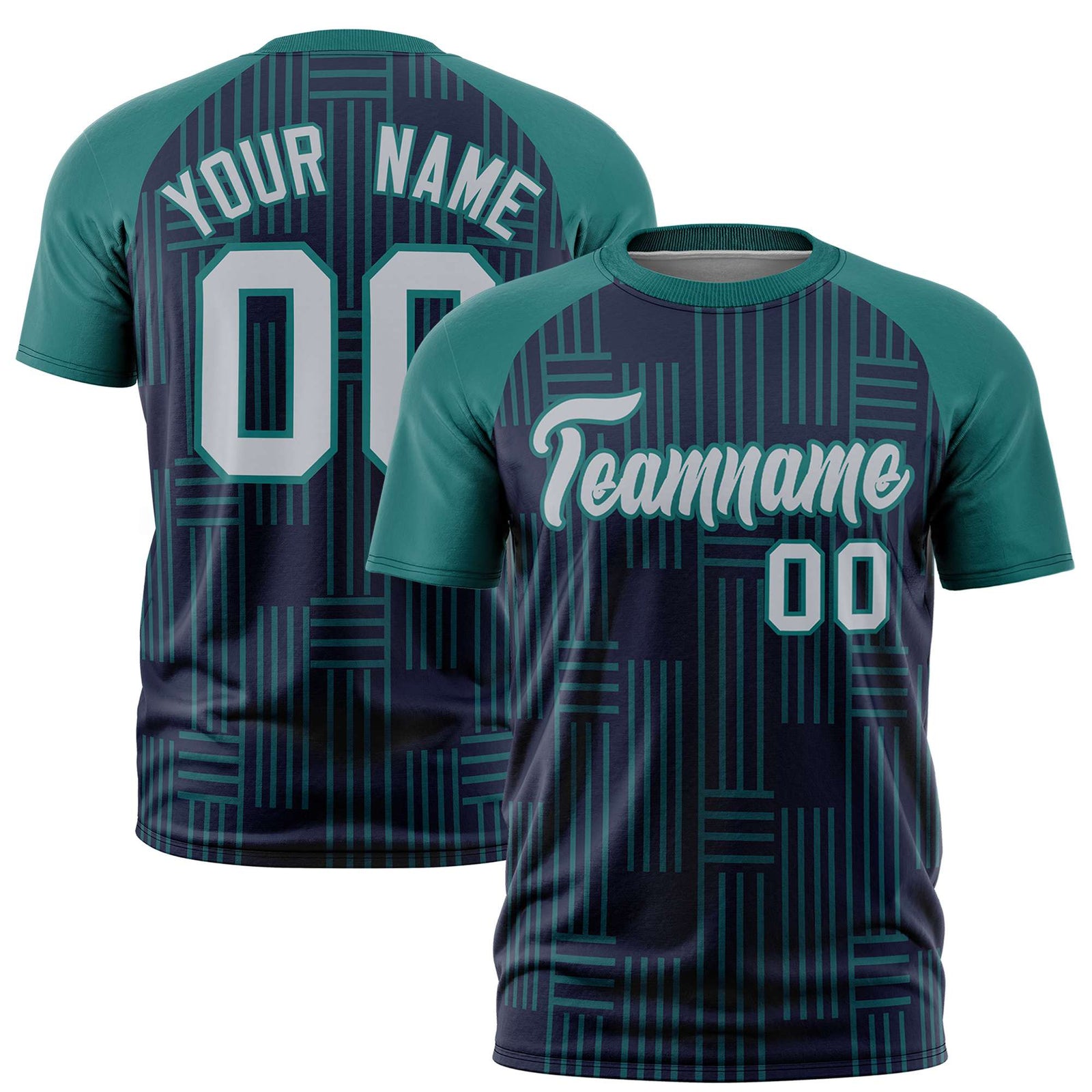 Custom Navy Aqua Personalized Line Pattern Performance T-Shirt