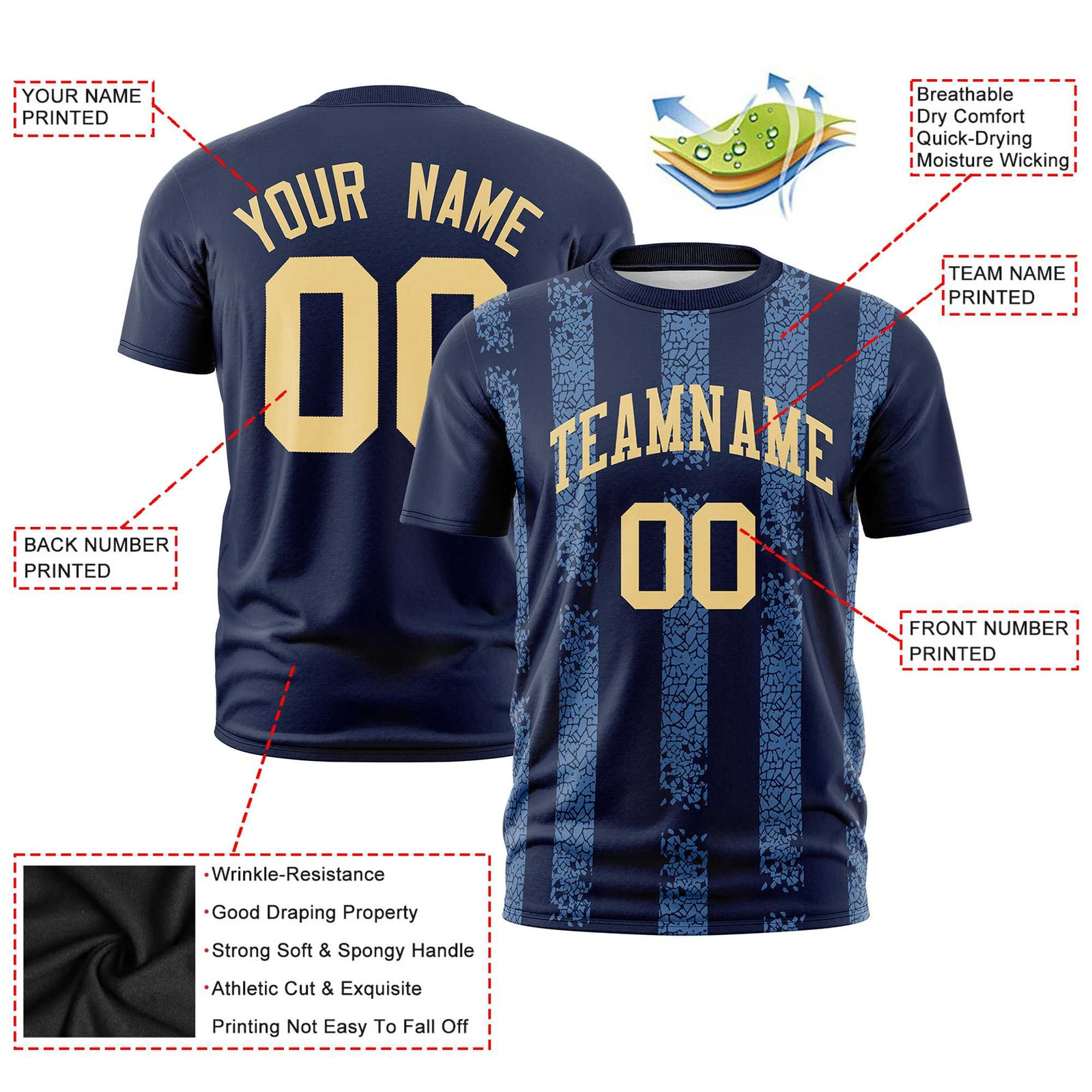 Custom Navy-Light Blue Personalized Chunky Striped Pattern Performance T-Shirt