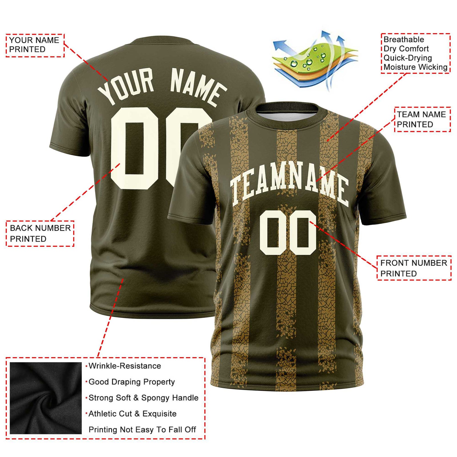 Custom Olive-Old Gold Personalized Chunky Striped Pattern Performance T-Shirt