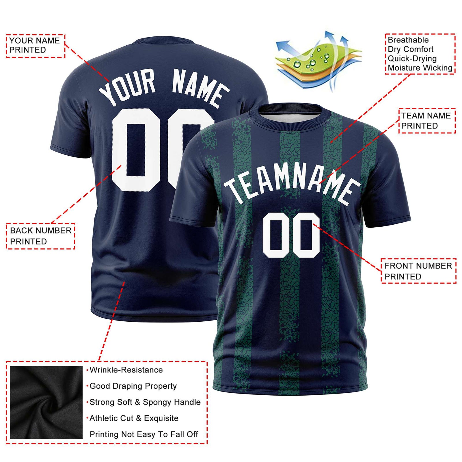 Custom Navy Teal Personalized Chunky Striped Pattern Performance T-Shirt