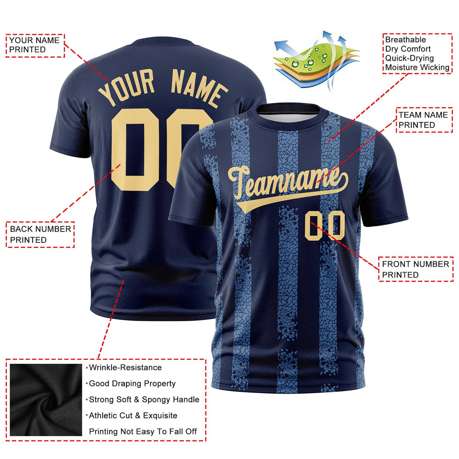 Custom Navy-Light Blue Personalized Chunky Striped Pattern Performance T-Shirt