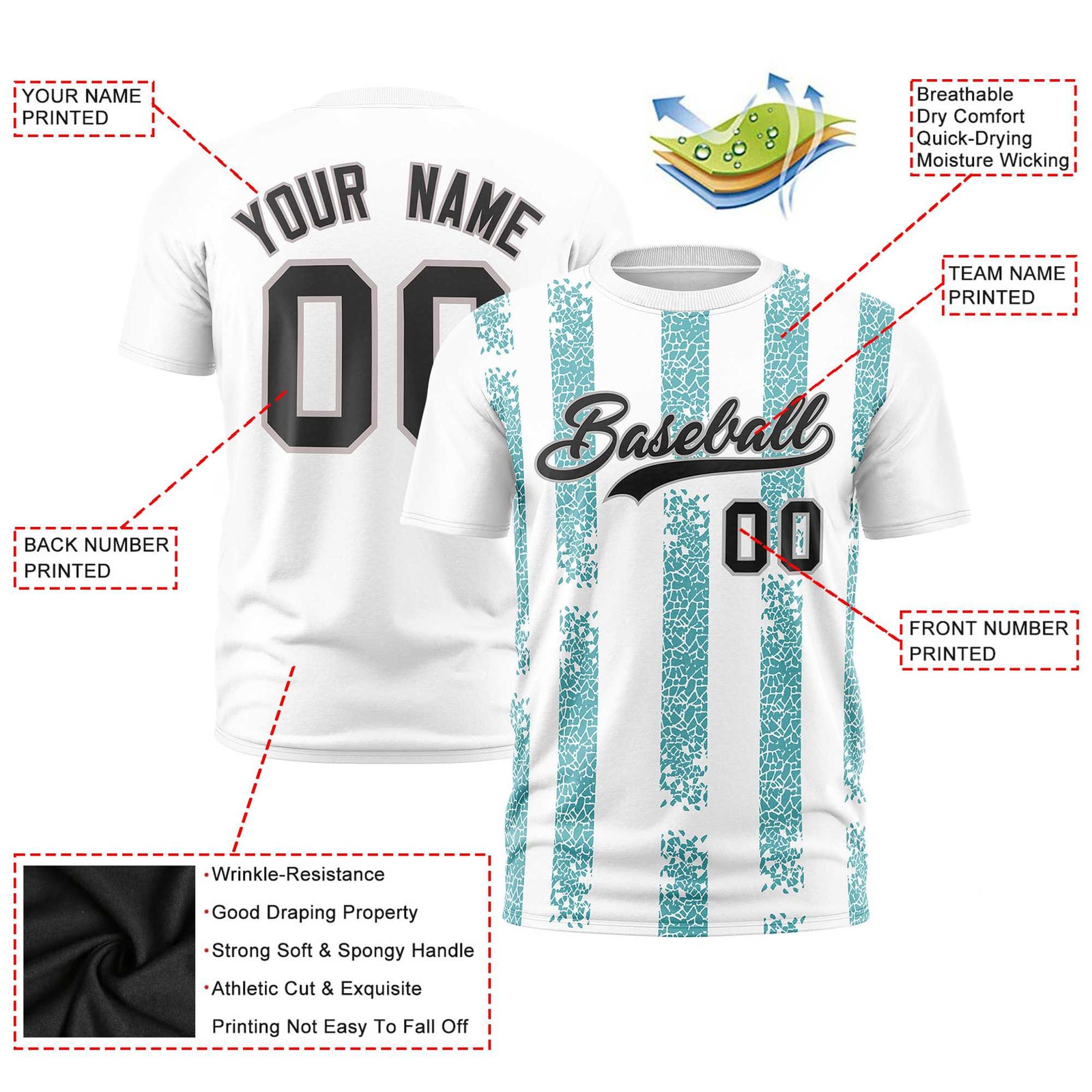 Custom White Aqua Personalized Chunky Striped Pattern Performance T-Shirt