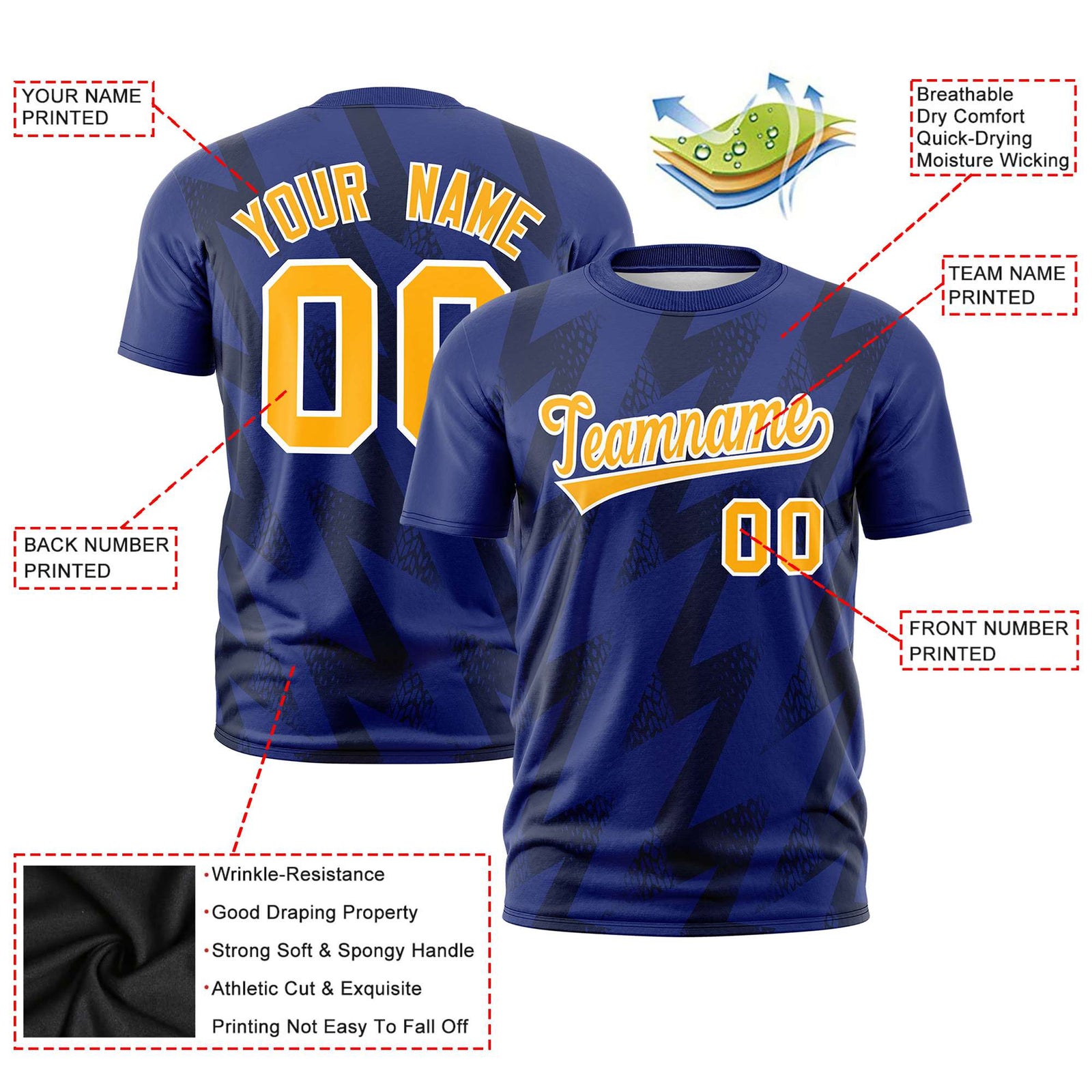 Custom Royal Blue Crew neck Wheel Triangle Design Performance T-Shirt
