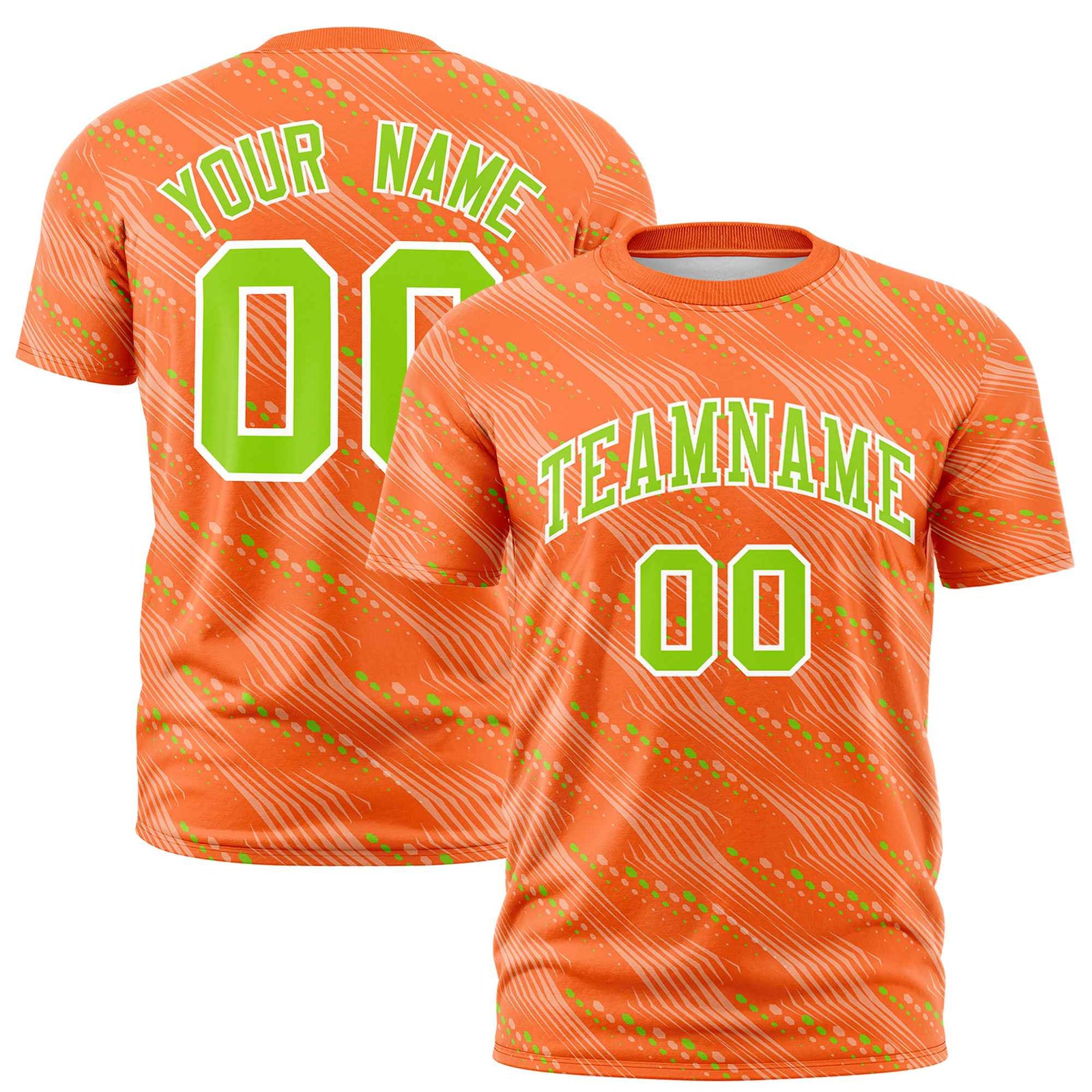 Custom Orange Neon Green Personalized Dotted Line Graffiti Pattern Performance T-Shirt