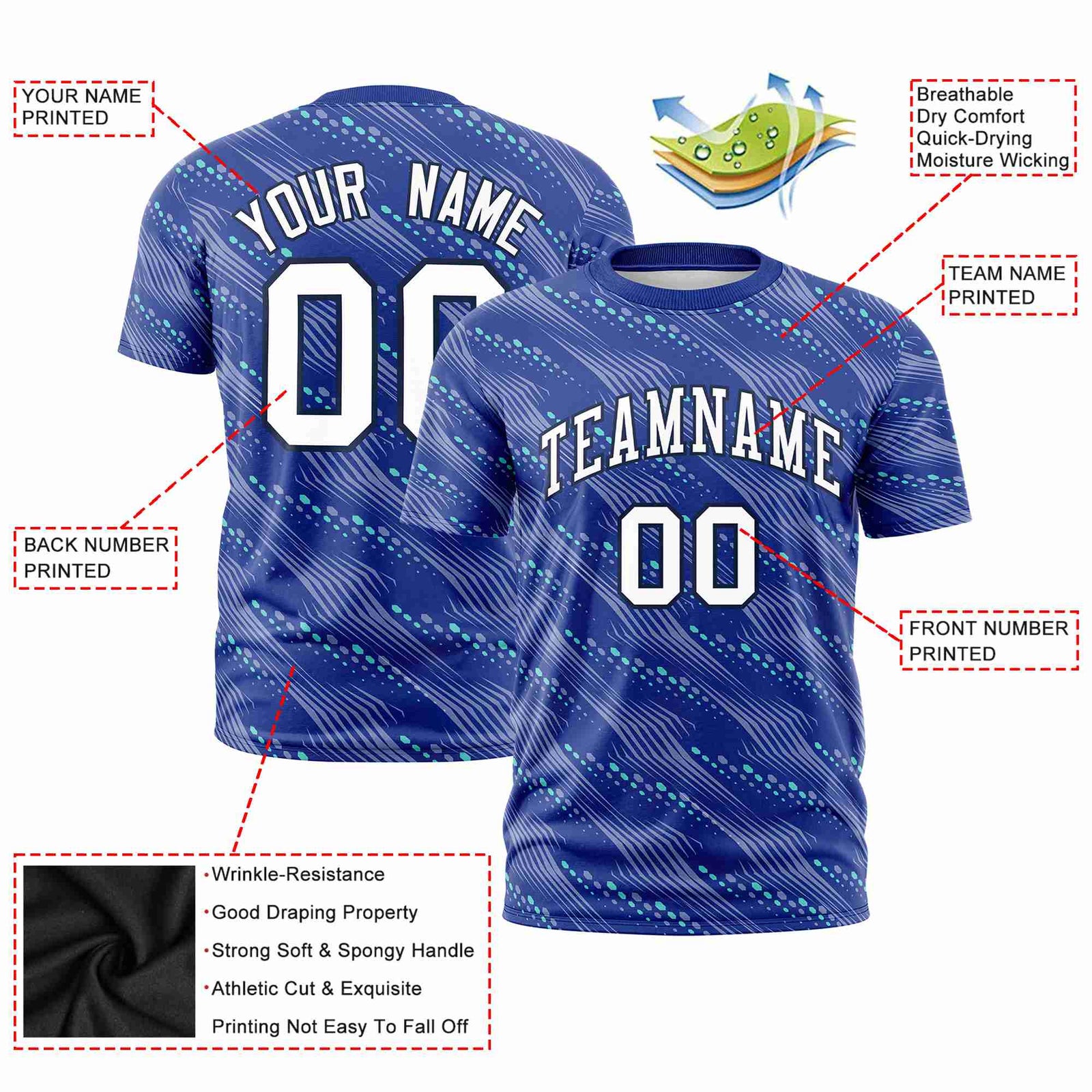 Custom Royal Blue Aqua Personalized Dotted Line Graffiti Pattern Performance T-Shirt