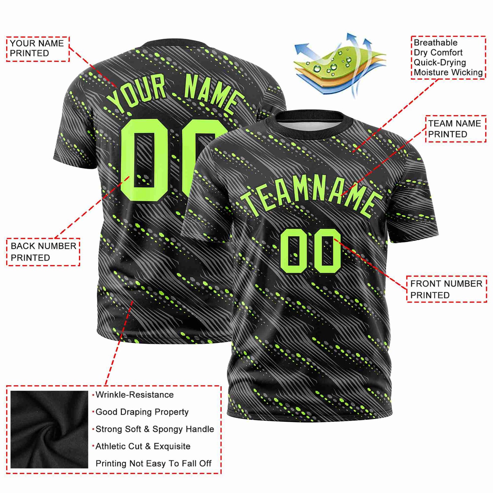 Custom Black Neon Green Personalized Dotted Line Graffiti Pattern Performance T-Shirt