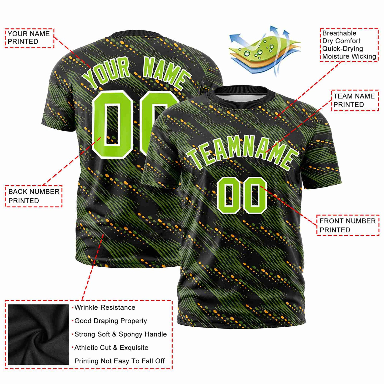 Custom Navy Neon Green Personalized Dotted Line Graffiti Pattern Performance T-Shirt