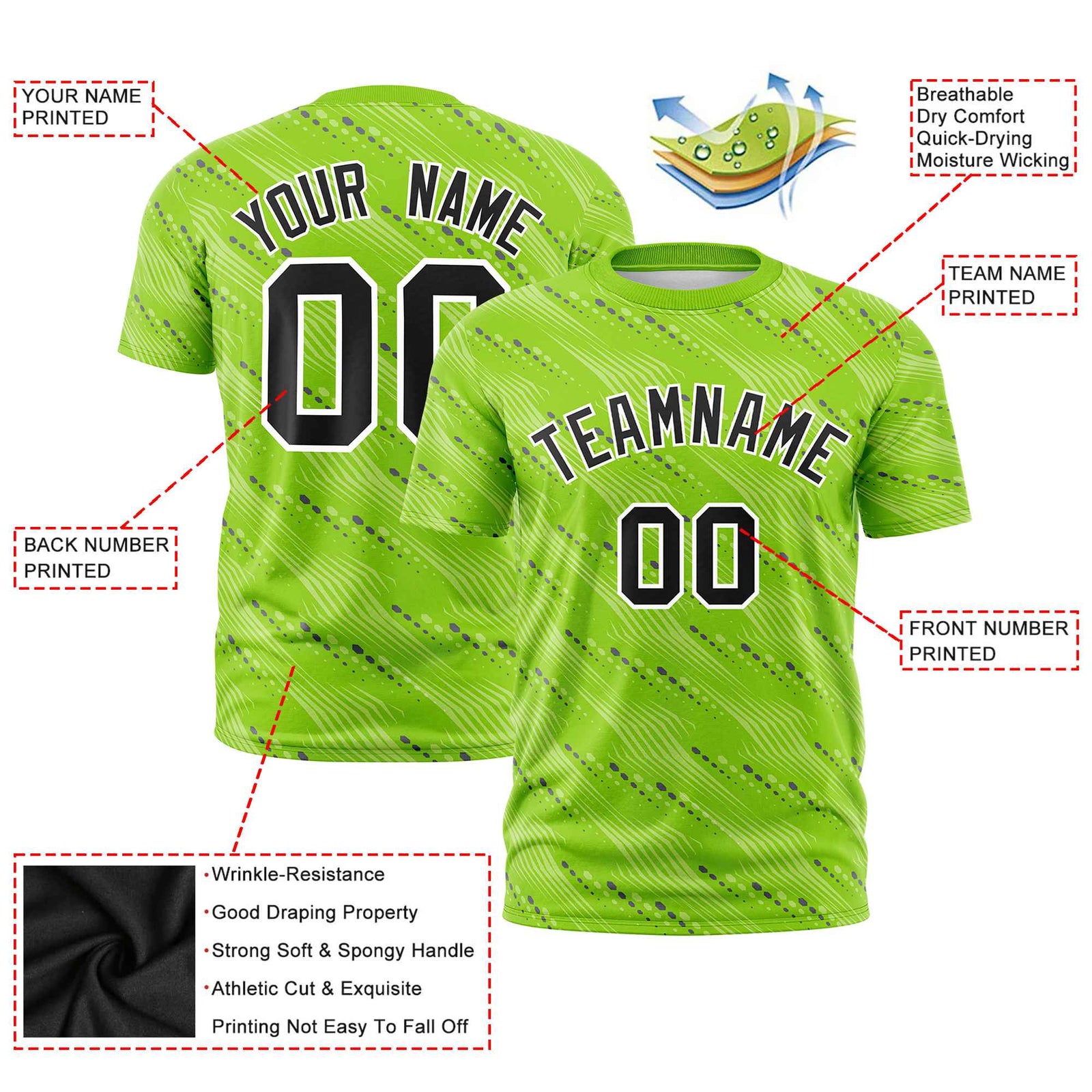 Custom Neon Green Navy Personalized Dotted Line Graffiti Pattern Performance T-Shirt