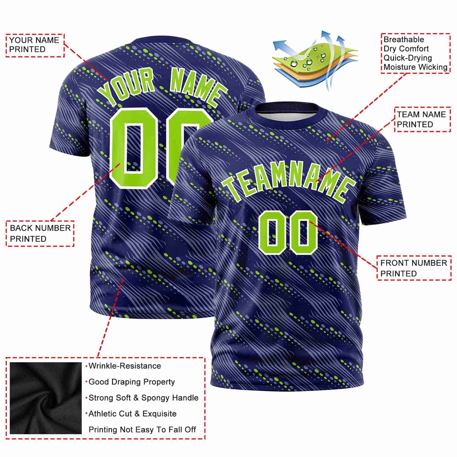 Custom Purple Neon Green Personalized Dotted Line Graffiti Pattern Performance T-Shirt