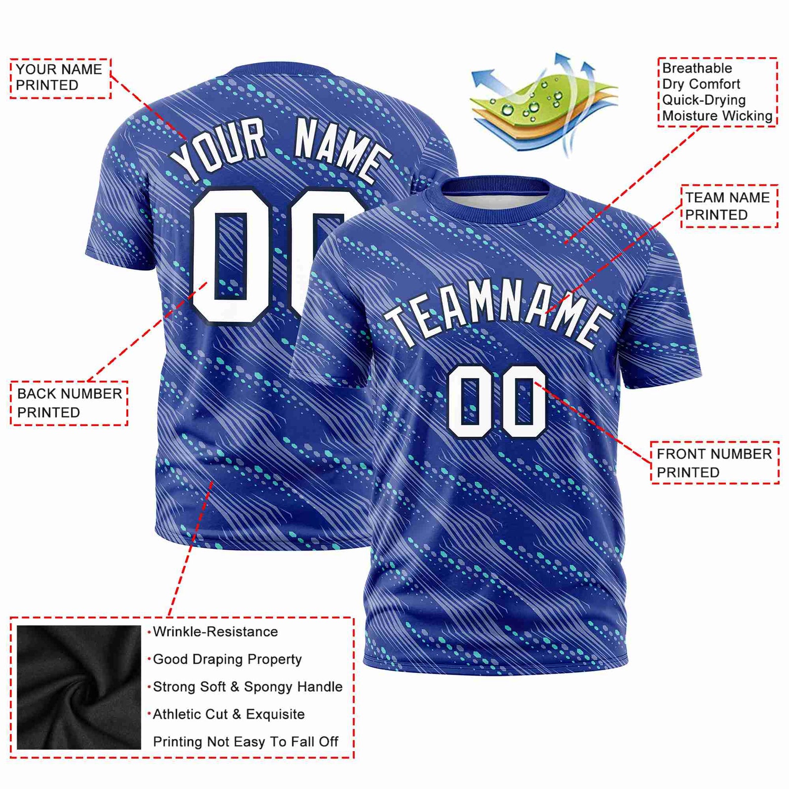 Custom Royal Blue Aqua Personalized Dotted Line Graffiti Pattern Performance T-Shirt