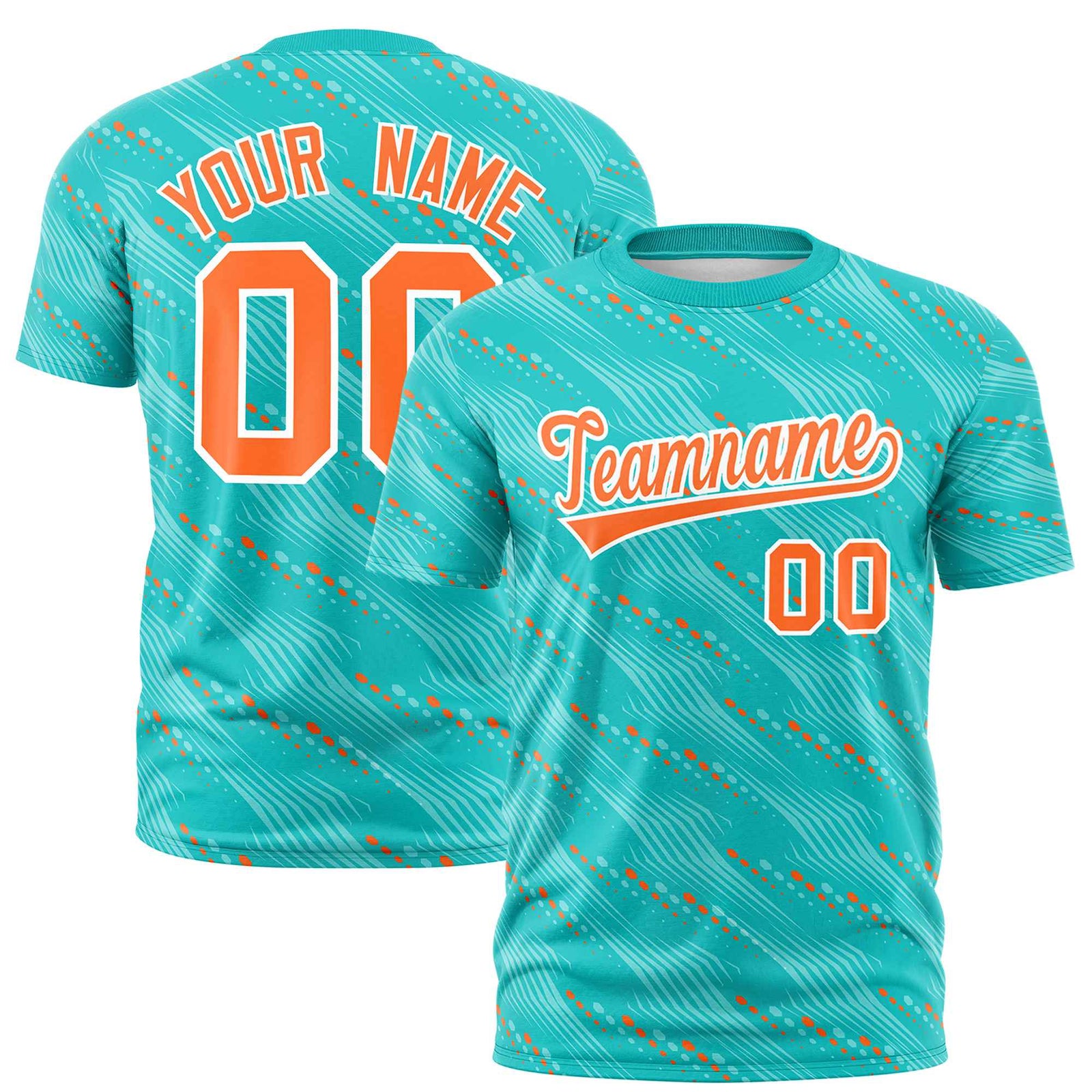 Custom Aqua Orange Personalized Dotted Line Graffiti Pattern Performance T-Shirt
