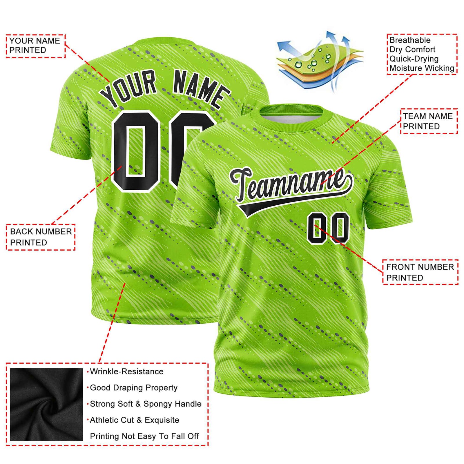 Custom Neon Green Navy Personalized Dotted Line Graffiti Pattern Performance T-Shirt