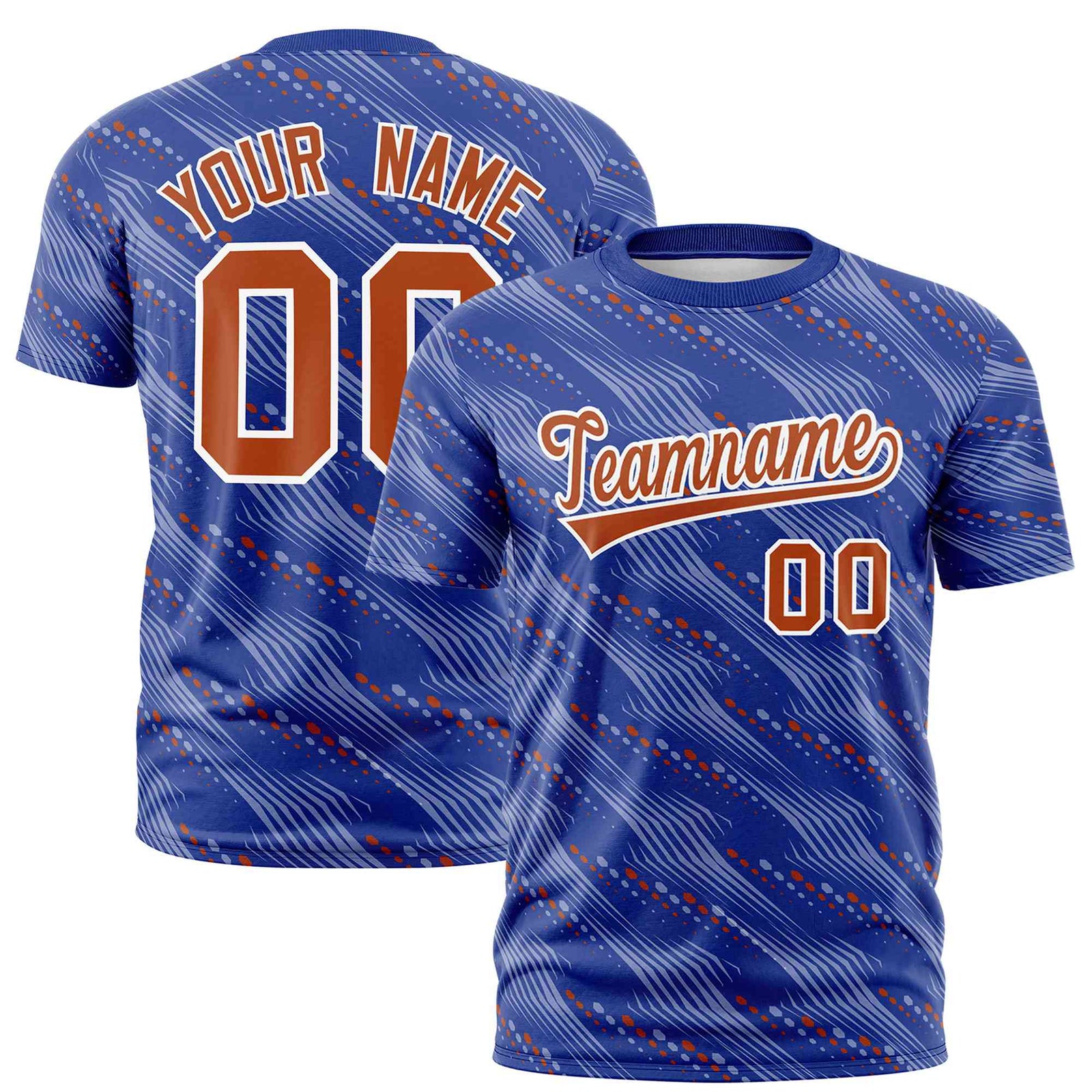 Custom Royal Blue Texas Orange Personalized Dotted Line Graffiti Pattern Performance T-Shirt