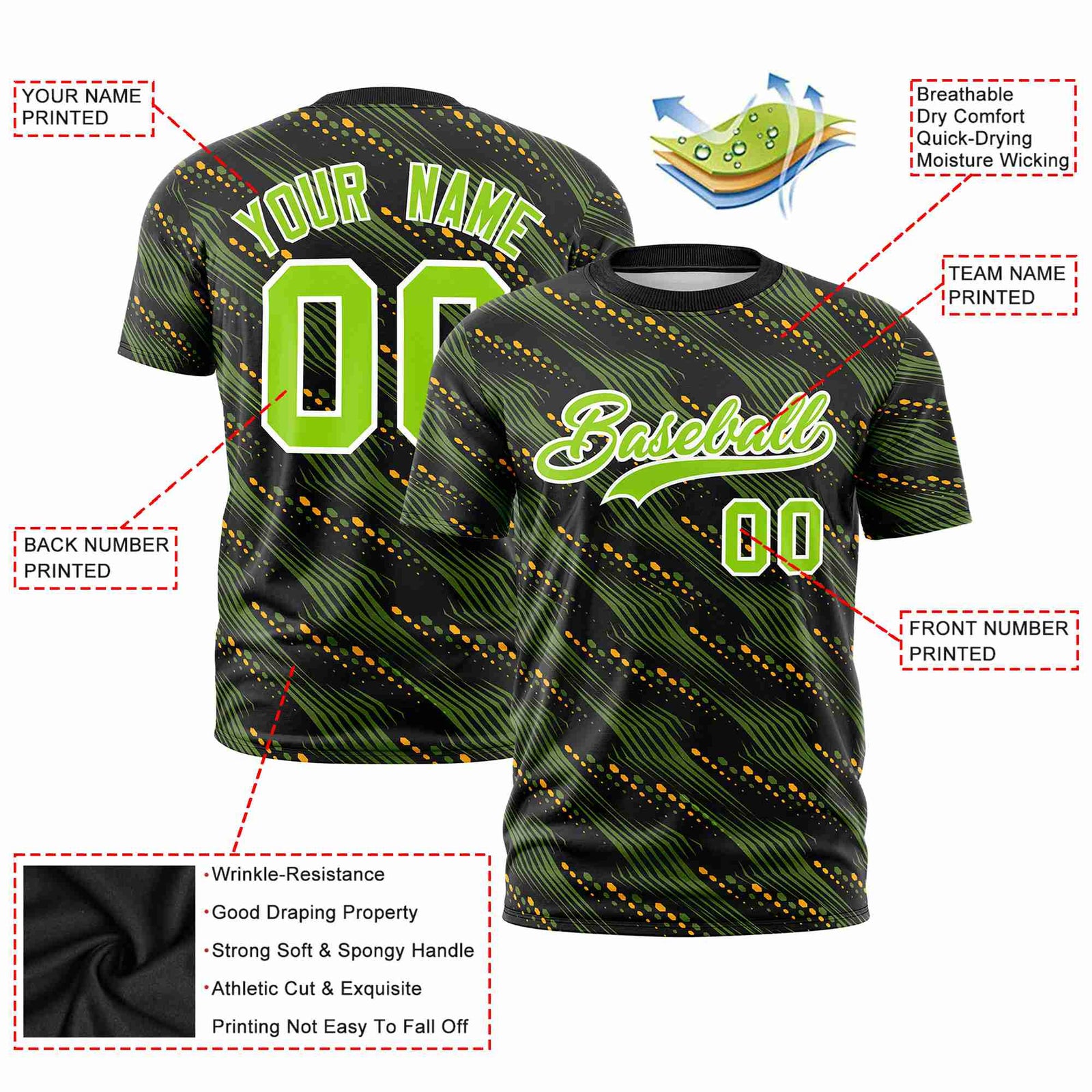 Custom Navy Neon Green Personalized Dotted Line Graffiti Pattern Performance T-Shirt
