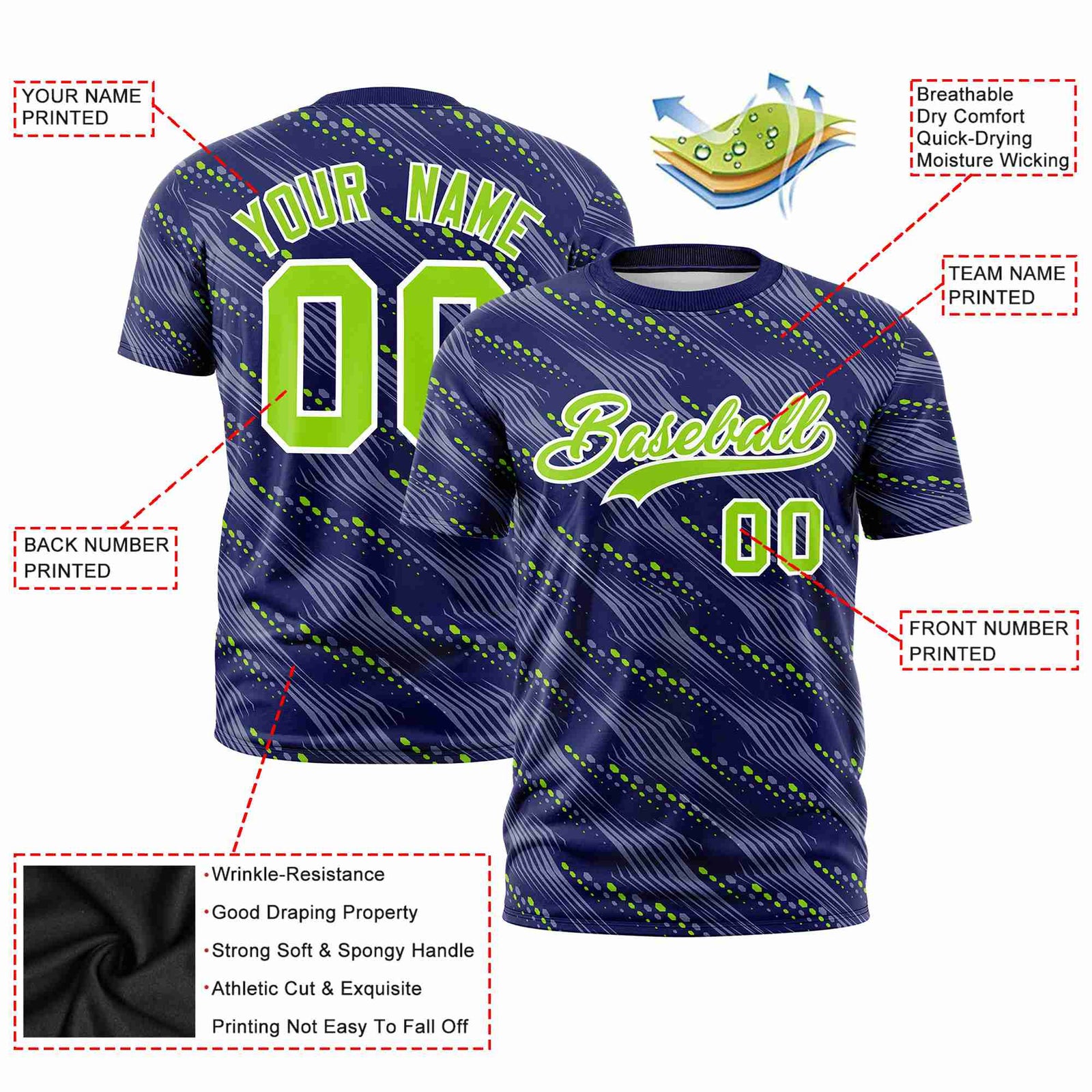 Custom Purple Neon Green Personalized Dotted Line Graffiti Pattern Performance T-Shirt