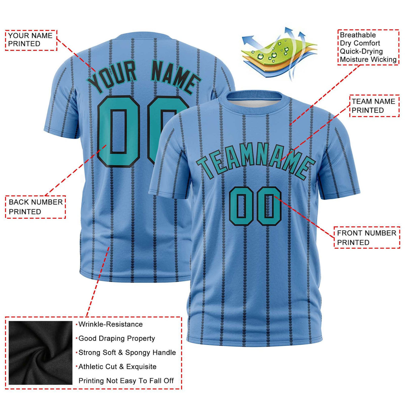 Custom Powder Blue Black Personalized Vertical Stripe Pattern Performance T-Shirt