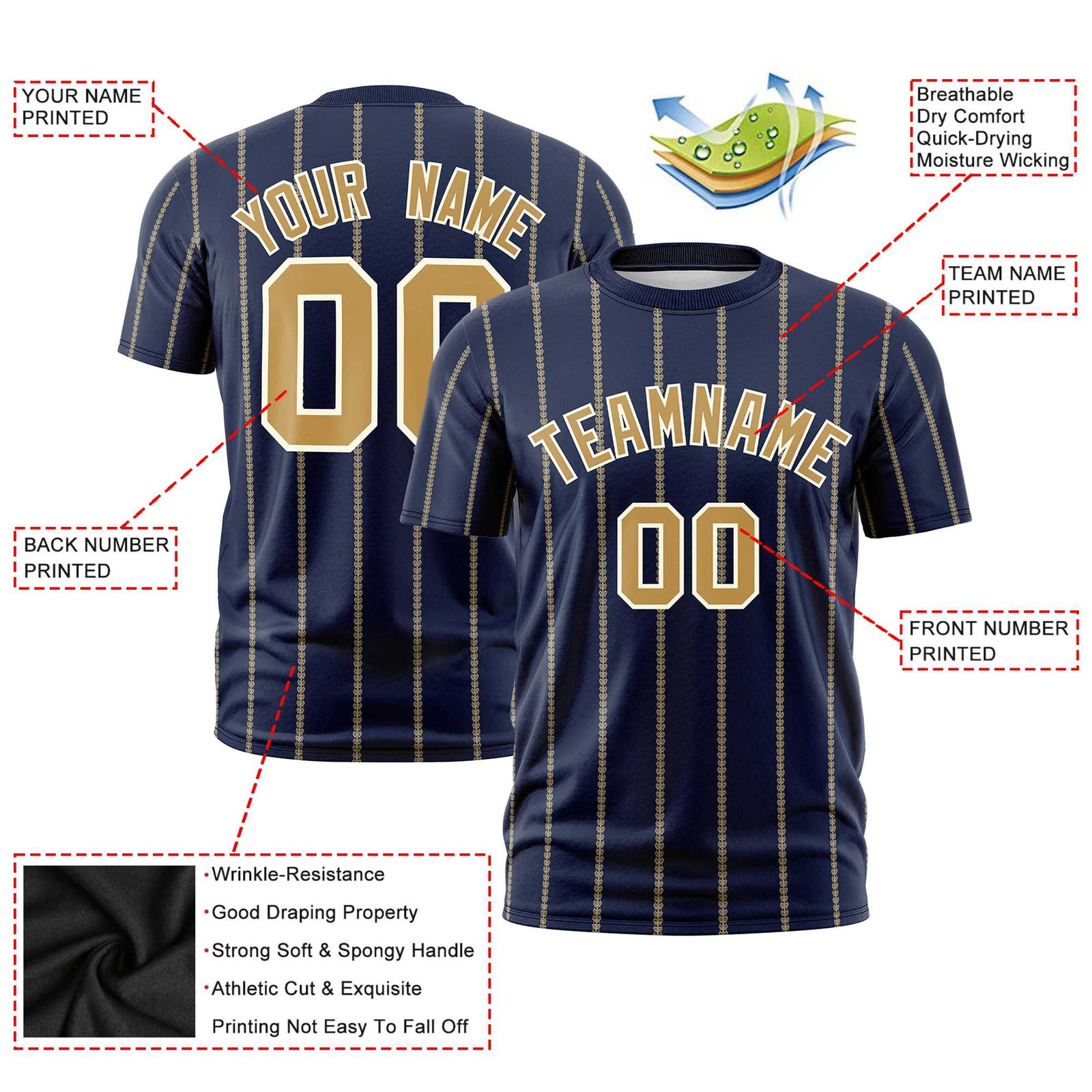 Custom Navy Old Gold Personalized Vertical Stripe Pattern Performance T-Shirt
