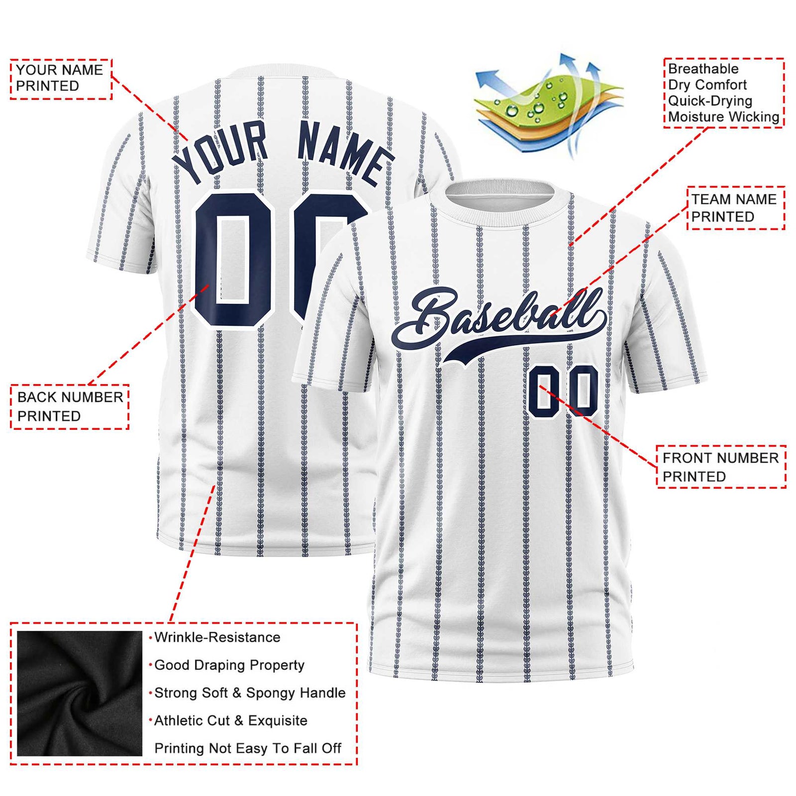 Custom White Navy Personalized Vertical Stripe Pattern Performance T-Shirt