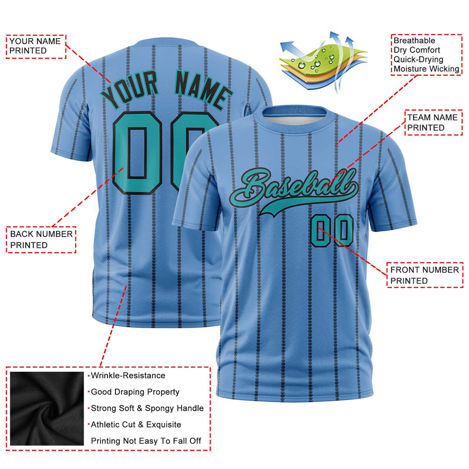 Custom Powder Blue Black Personalized Vertical Stripe Pattern Performance T-Shirt