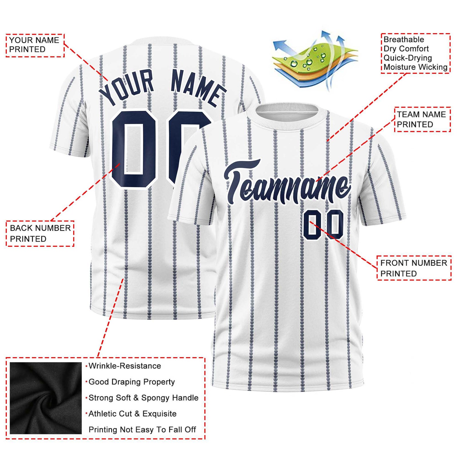 Custom White Navy Personalized Vertical Stripe Pattern Performance T-Shirt
