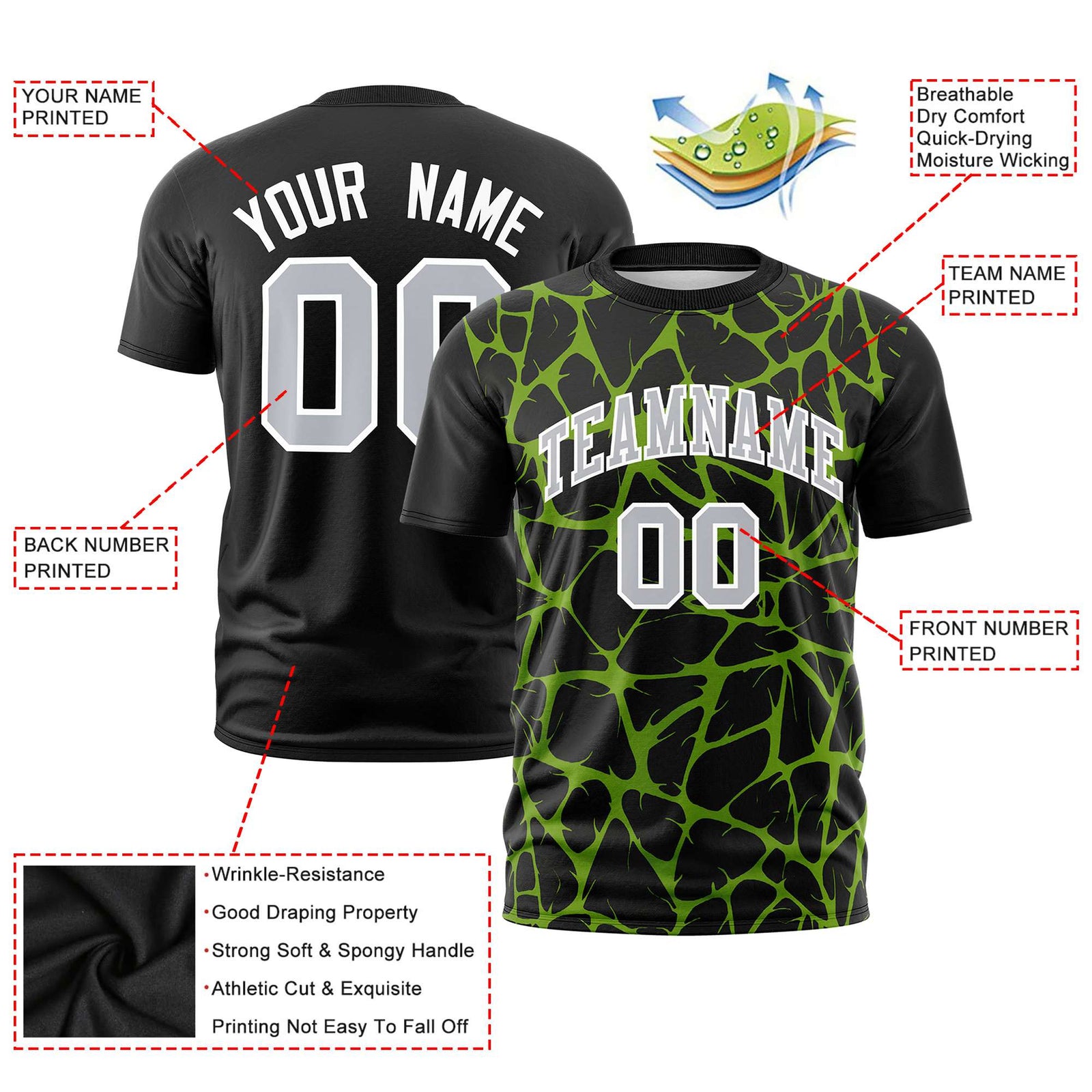 Custom Black Neon Green 3D Pattern Design Abstract Network Performance T-Shirt