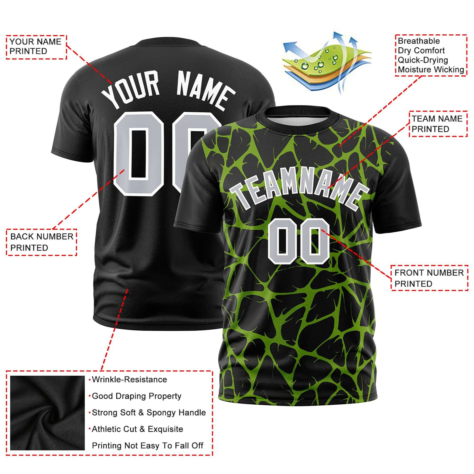Custom Black Neon Green 3D Pattern Design Abstract Network Performance T-Shirt