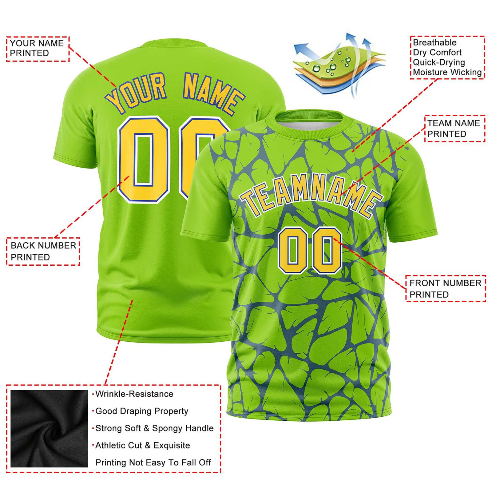 Custom Neon Green Royal Blue 3D Pattern Design Abstract Network Performance T-Shirt