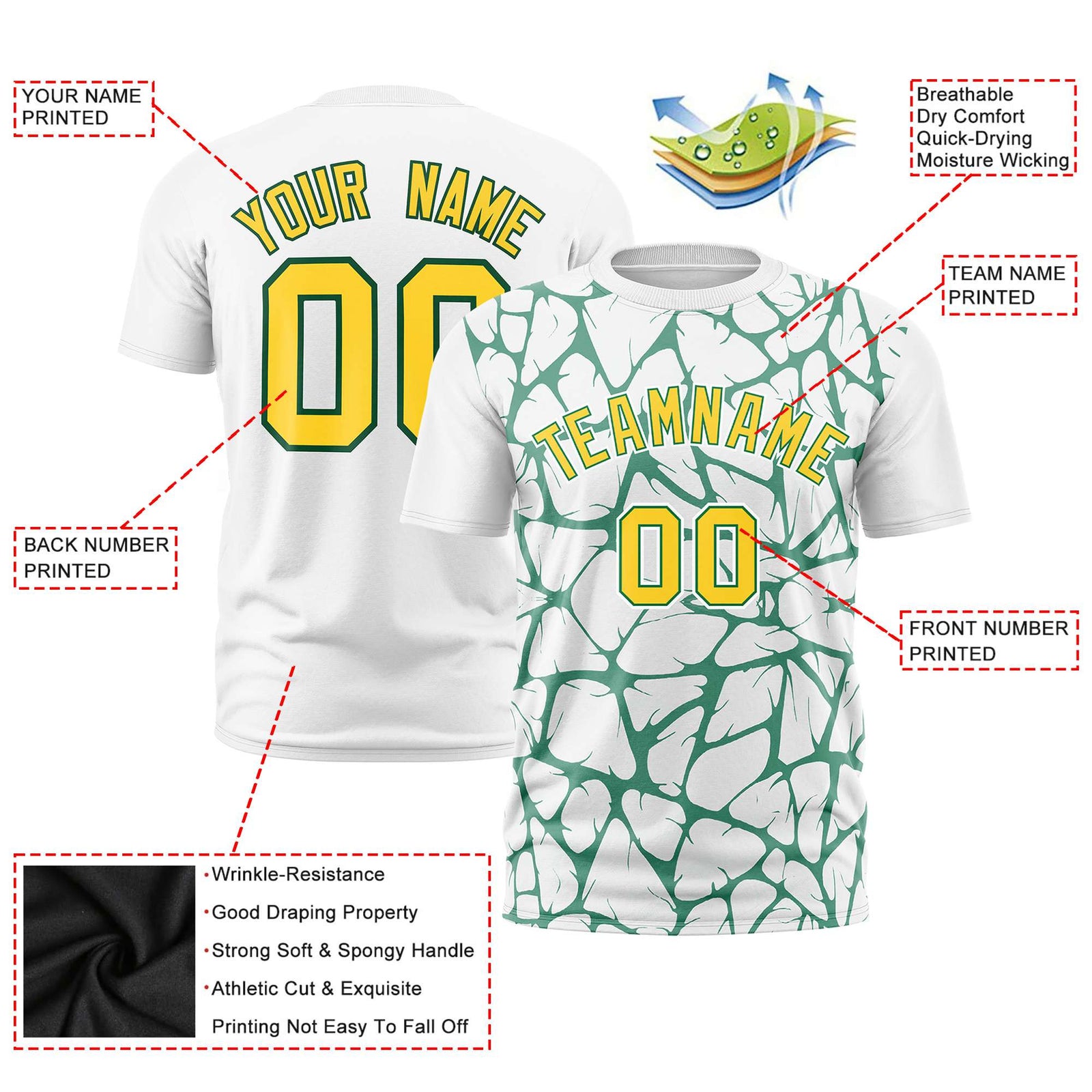 Custom White Kelly Green 3D Pattern Design Abstract Network Performance T-Shirt