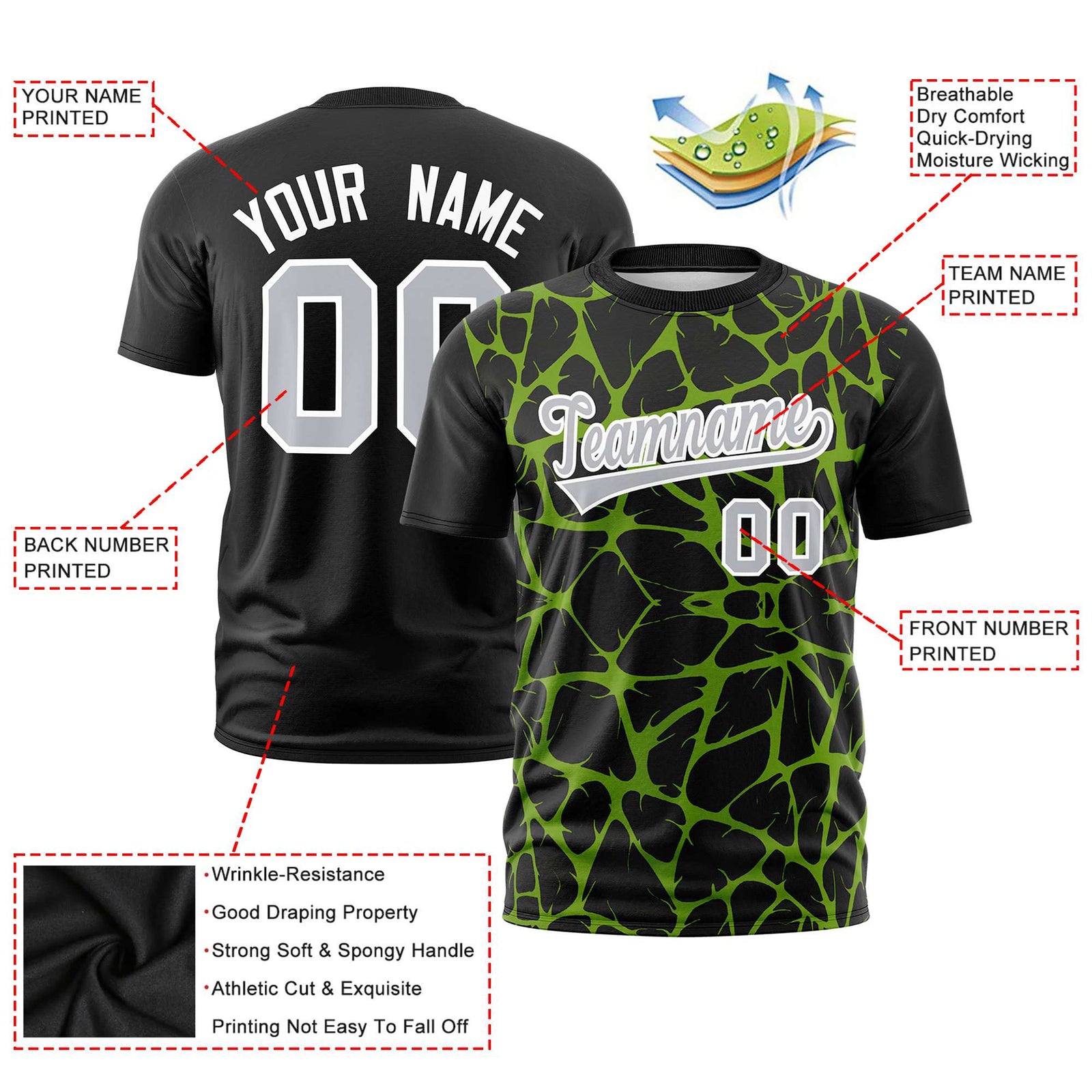 Custom Black Neon Green 3D Pattern Design Abstract Network Performance T-Shirt