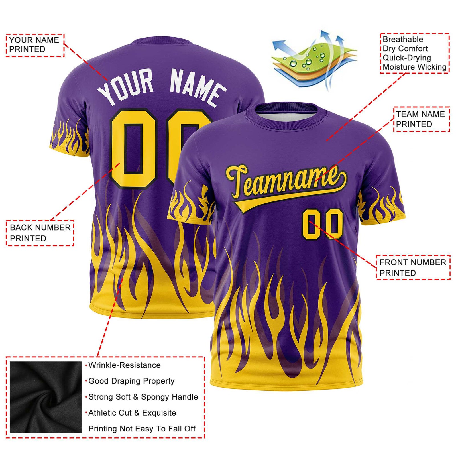 Custom Purple Old Gold 3D Pattern Design Flame Performance T-Shirt