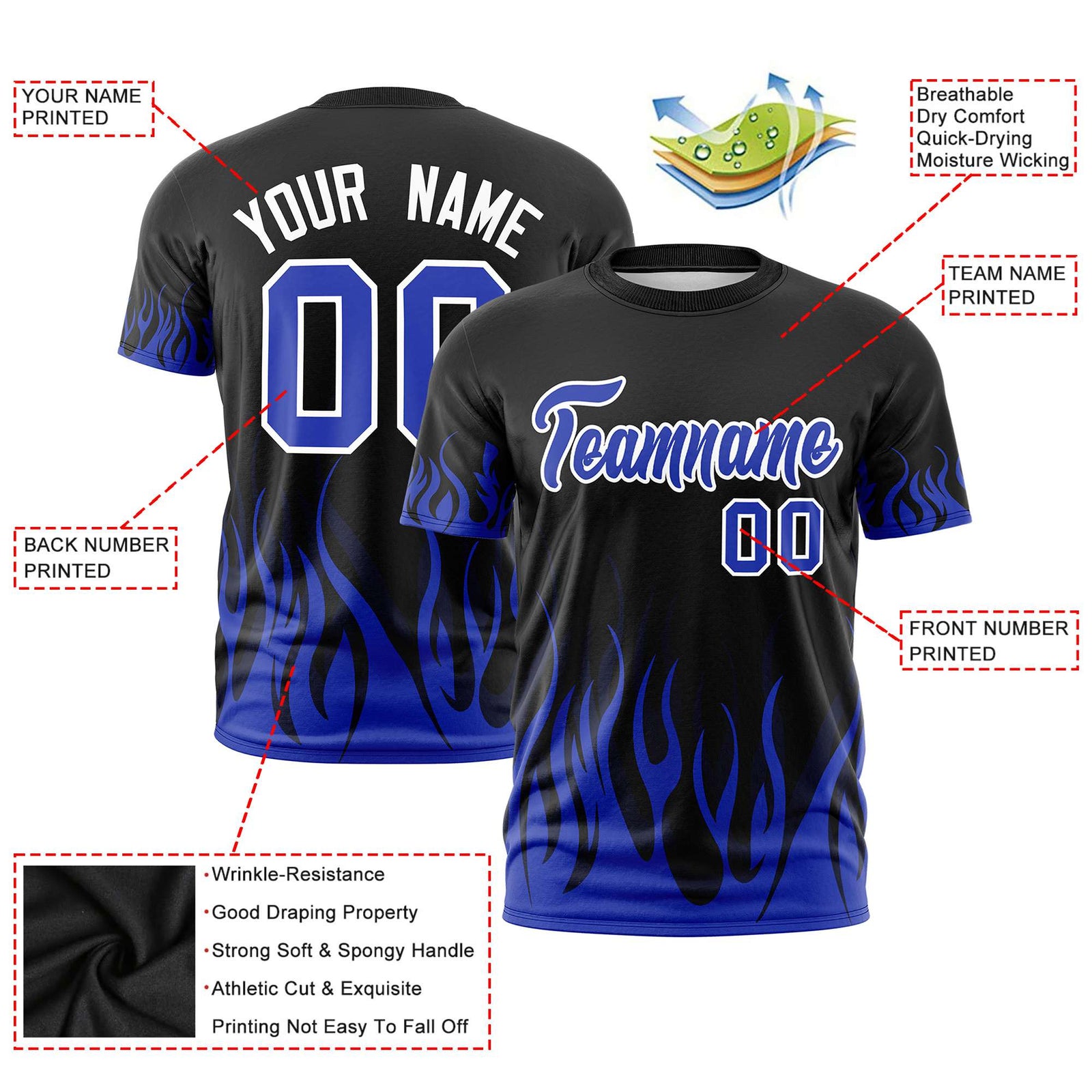 Custom Black Royal Blue 3D Pattern Design Flame Performance T-Shirt
