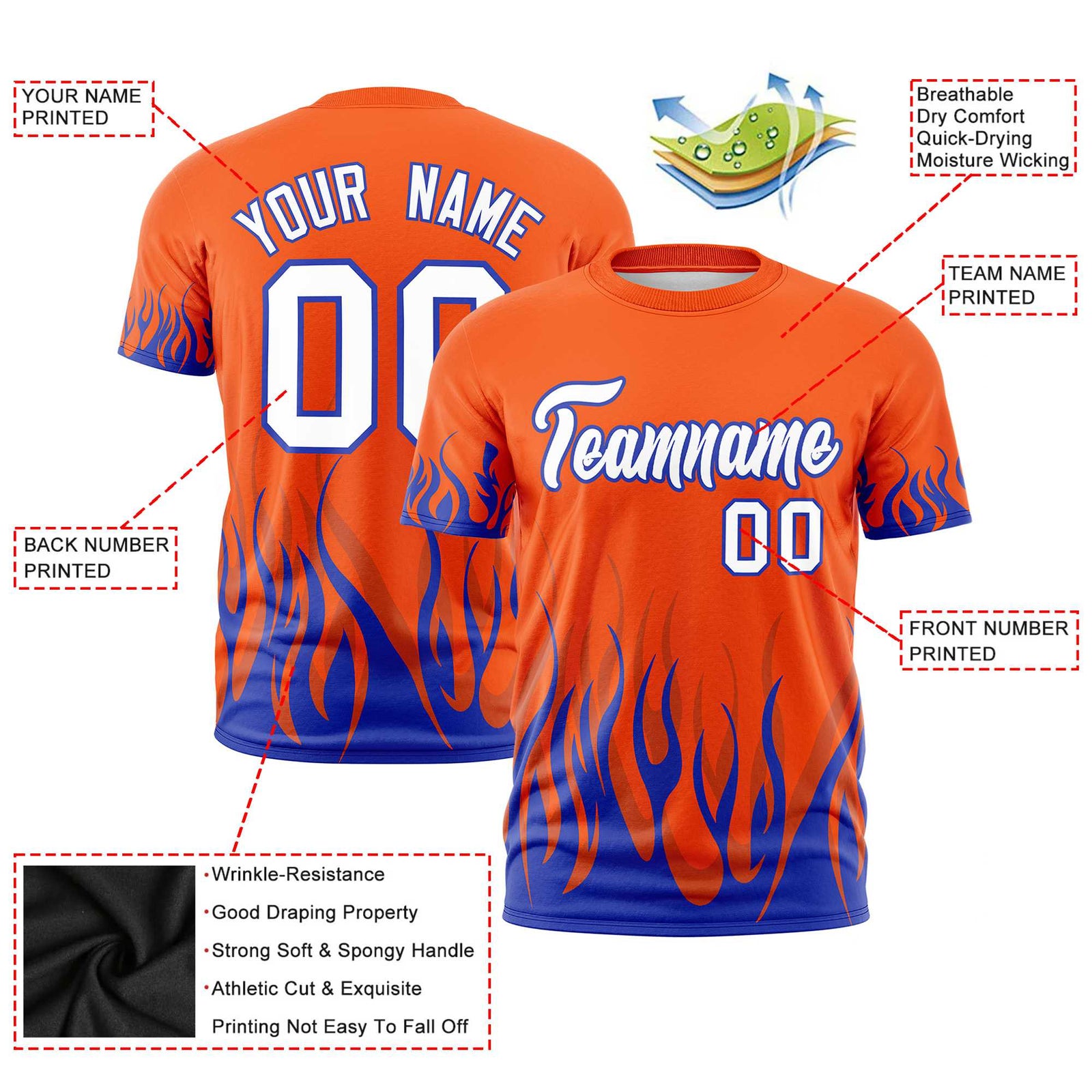 Custom Orange Royal Blue 3D Pattern Design Flame Performance T-Shirt