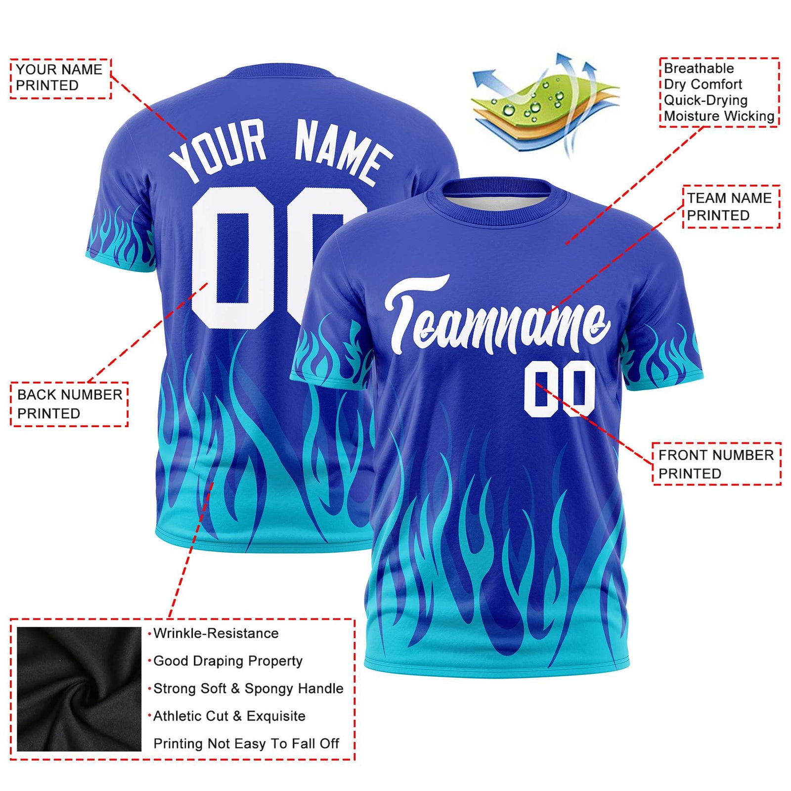Custom Royal Blue Sky Blue 3D Pattern Design Flame Performance T-Shirt