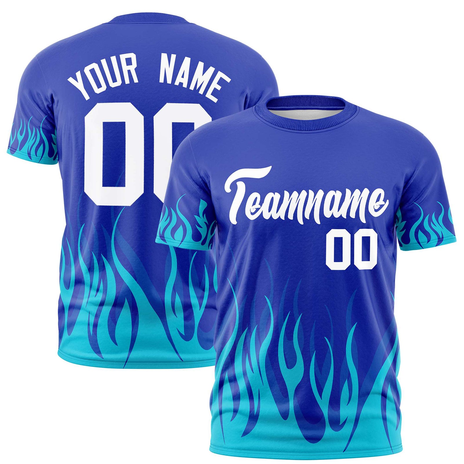 Custom Royal Blue Sky Blue 3D Pattern Design Flame Performance T-Shirt