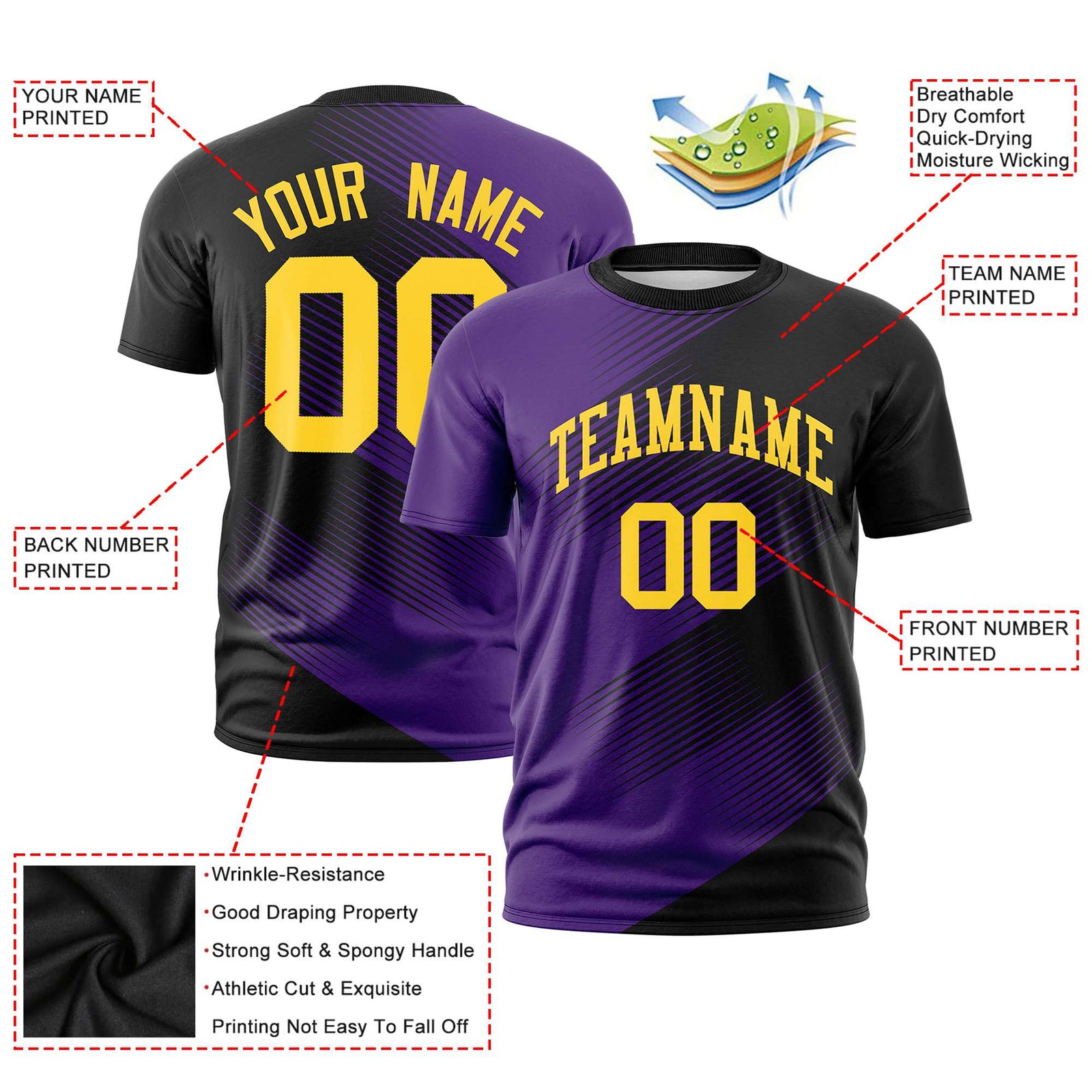 Custom Black Purple 3D Pattern Design Gradient Slope Shapes Performance T-Shirt