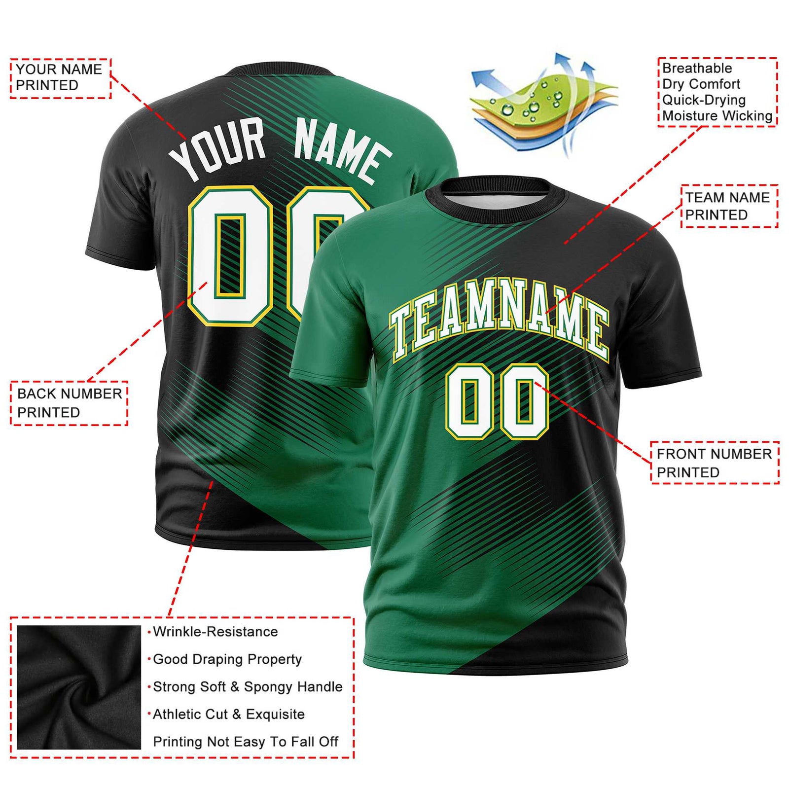 Custom Black Kelly Green 3D Pattern Design Gradient Slope Shapes Performance T-Shirt