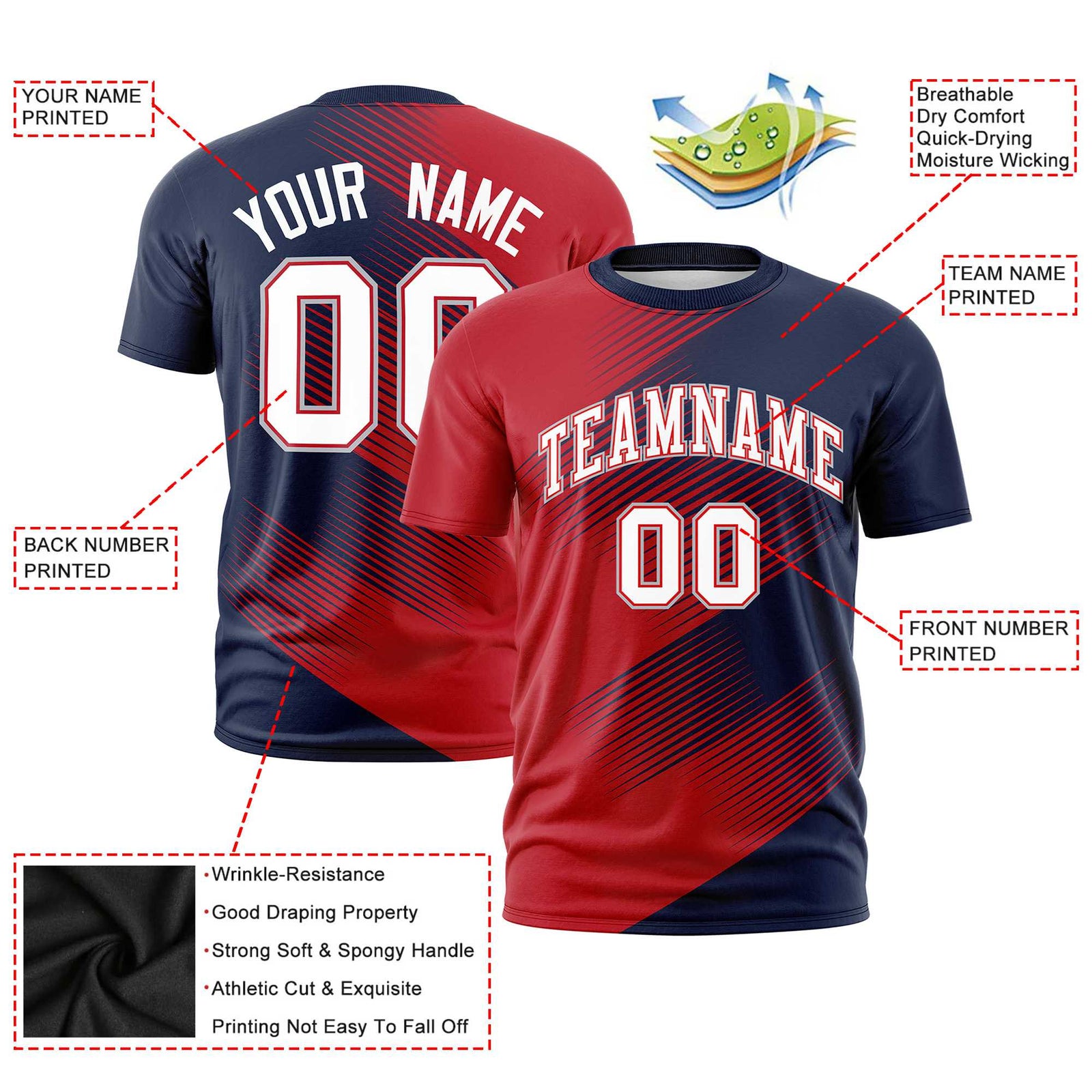 Custom Navy Red 3D Pattern Design Gradient Slope Shapes Performance T-Shirt