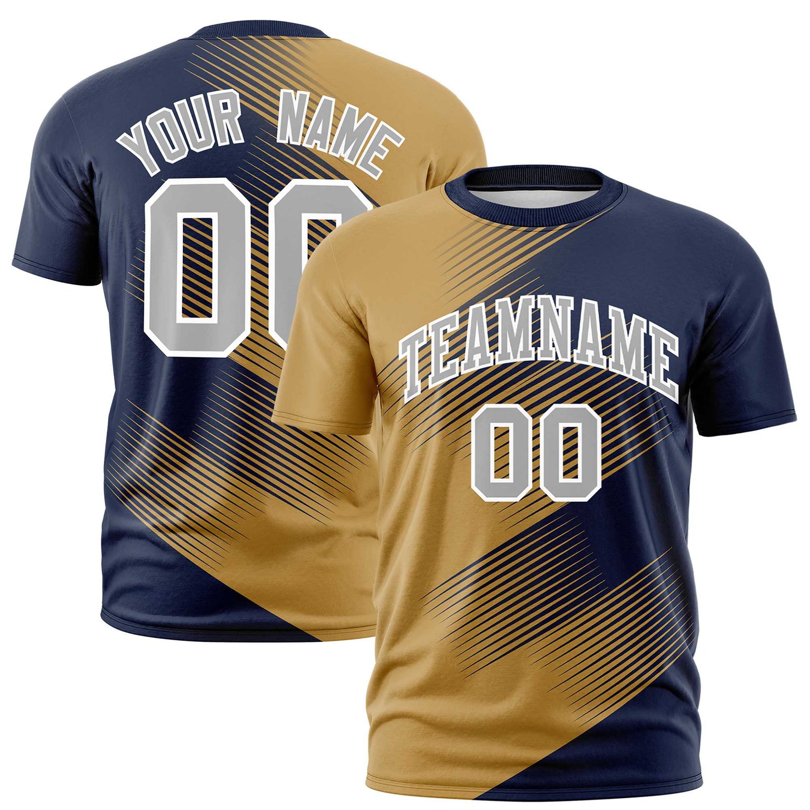 Custom Navy Old Gold 3D Pattern Design Gradient Slope Shapes Performance T-Shirt